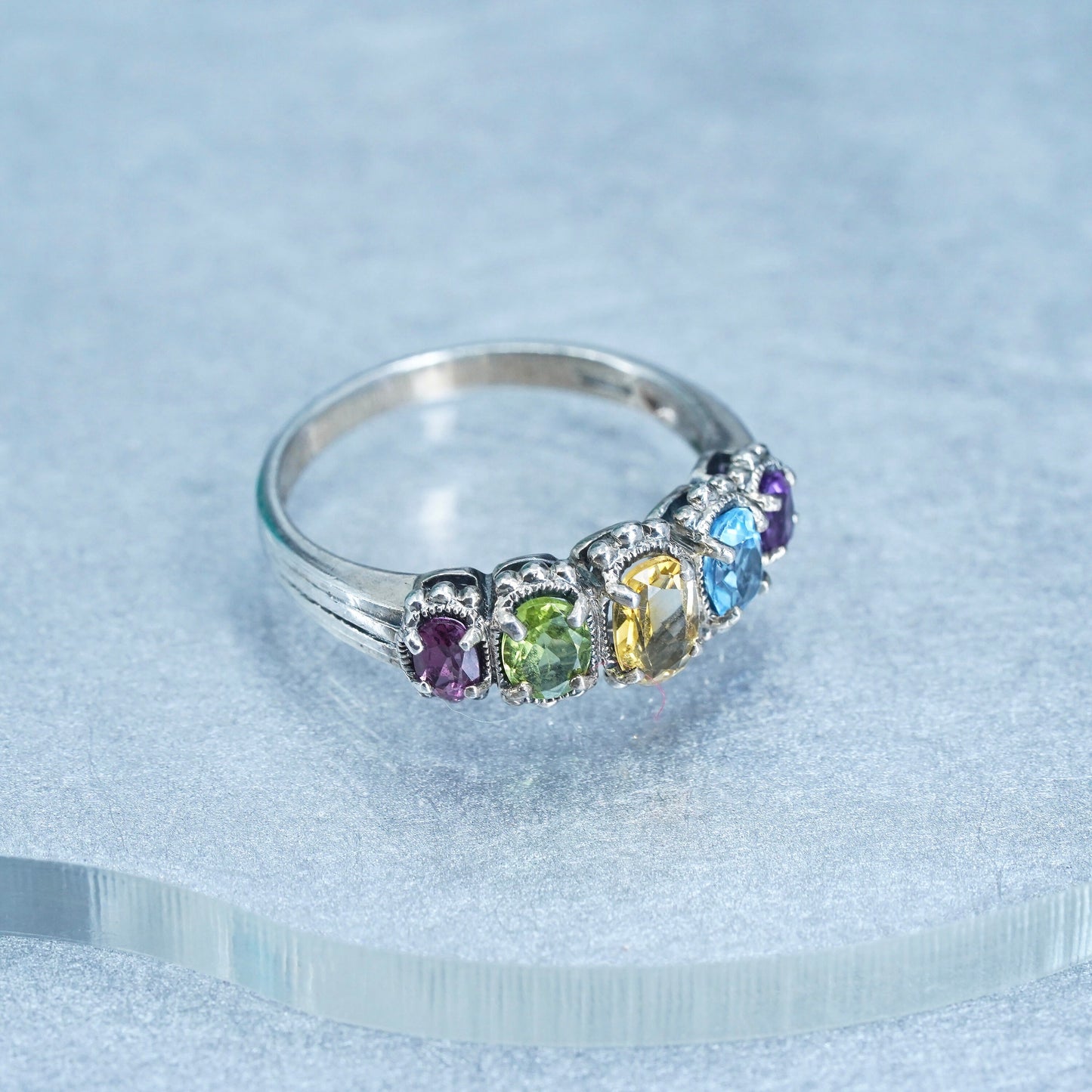 Size 9, vintage Sterling 925 silver ring w/ amethyst peridot citrine ruby topaz