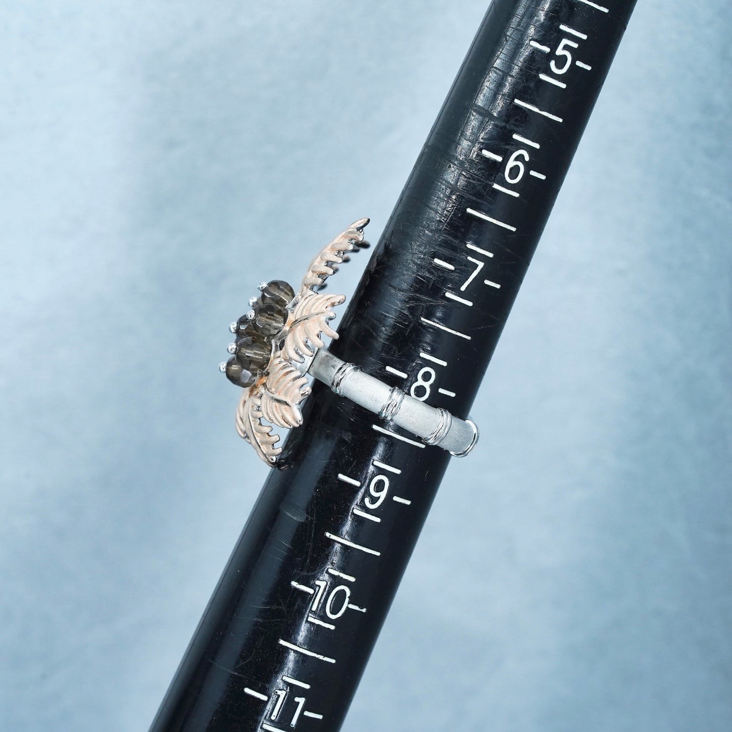 Size 8, two tone Sterling 925 silver handmade coconut tree ring smoky quartz