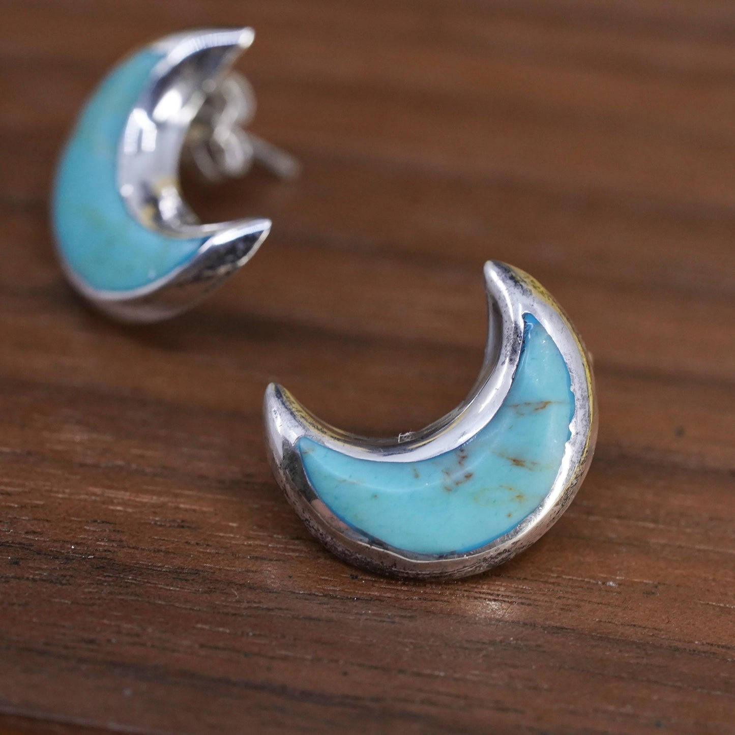 vintage Sterling 925 silver handmade studs, moon earrings with turquoise inlay