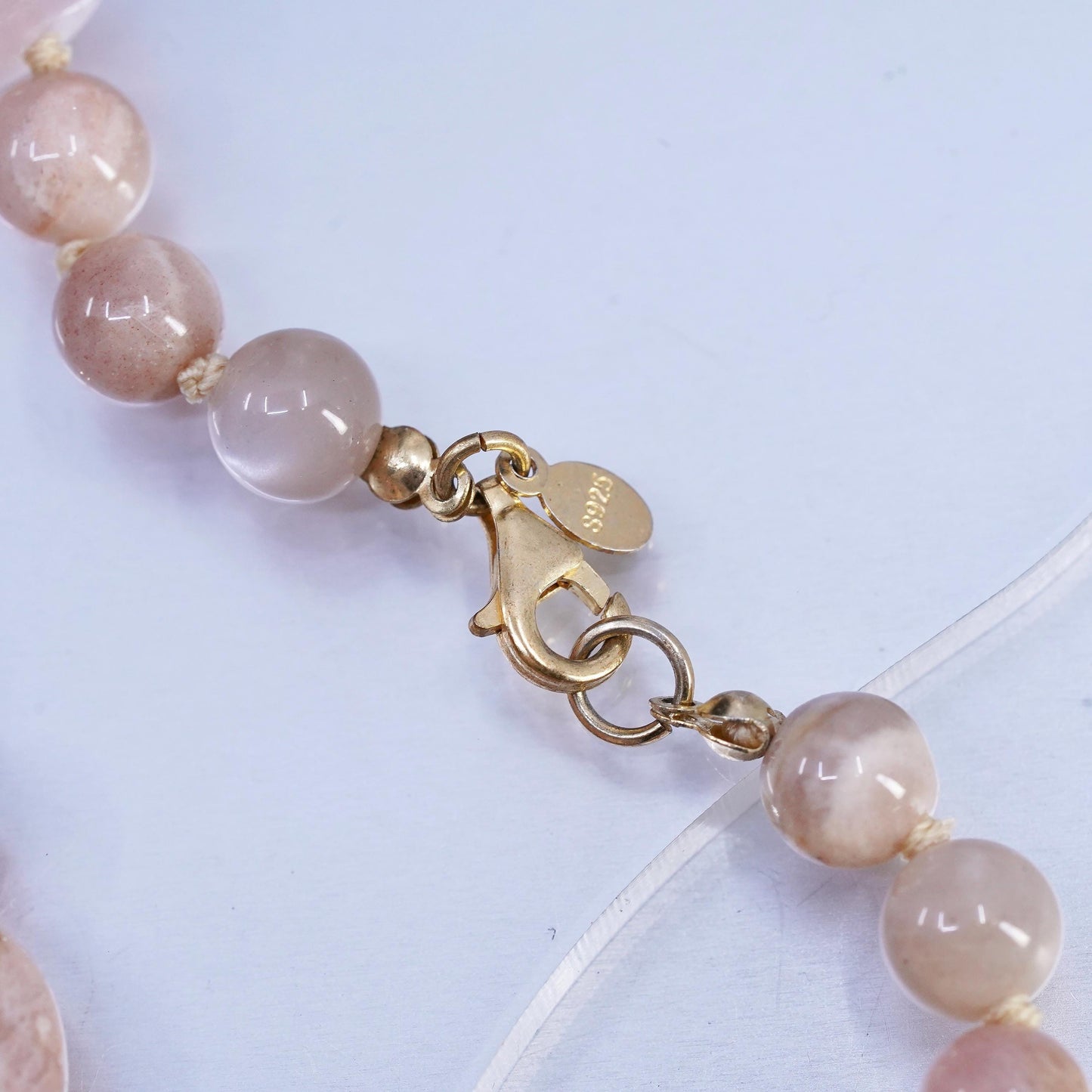 30", Pink Rose Quartz agate Beads necklace gold plated sterling 925 silver