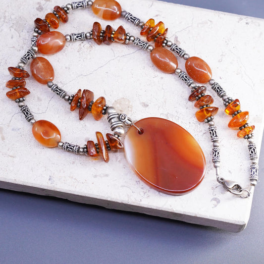 18", vintage Sterling silver necklace, 925 Amber chain teardrop agate pendant