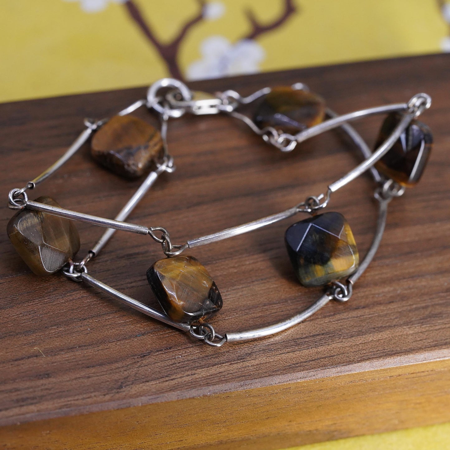 7", vintage 925 Sterling silver handmade bracelet, tube chain golden tiger eye