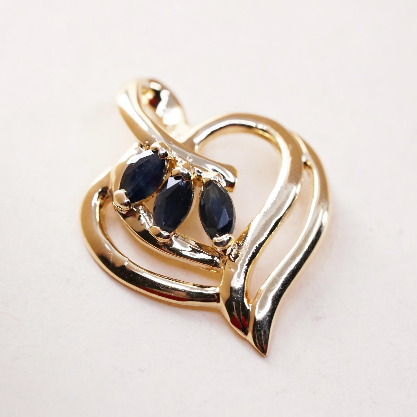 vintage vermeil Gold filled Sterling silver pendant, 925 heart with sapphire