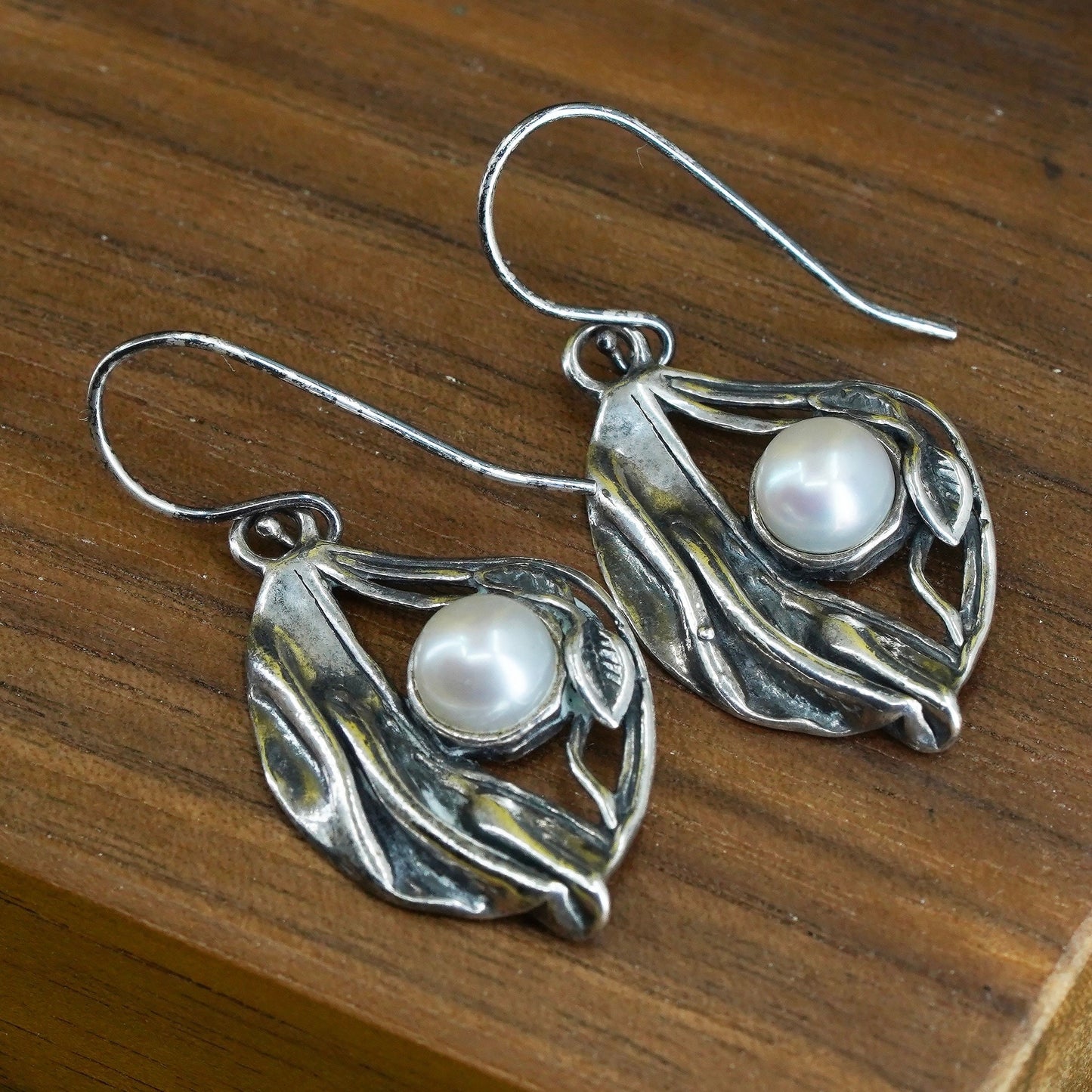 vintage Israel PZ Sterling silver 925 handmade leaf earrings with pearl