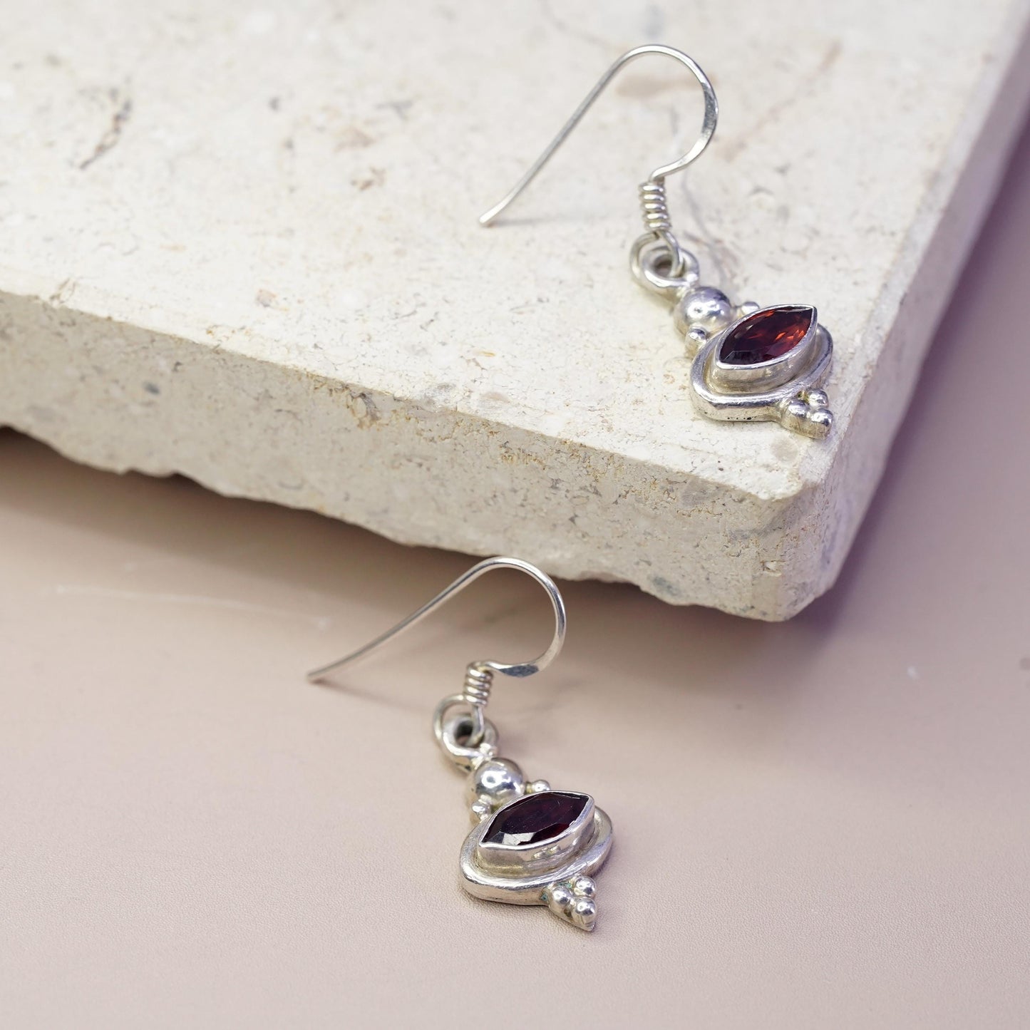 Vintage sterling 925 silver handmade earrings with garnet and beads