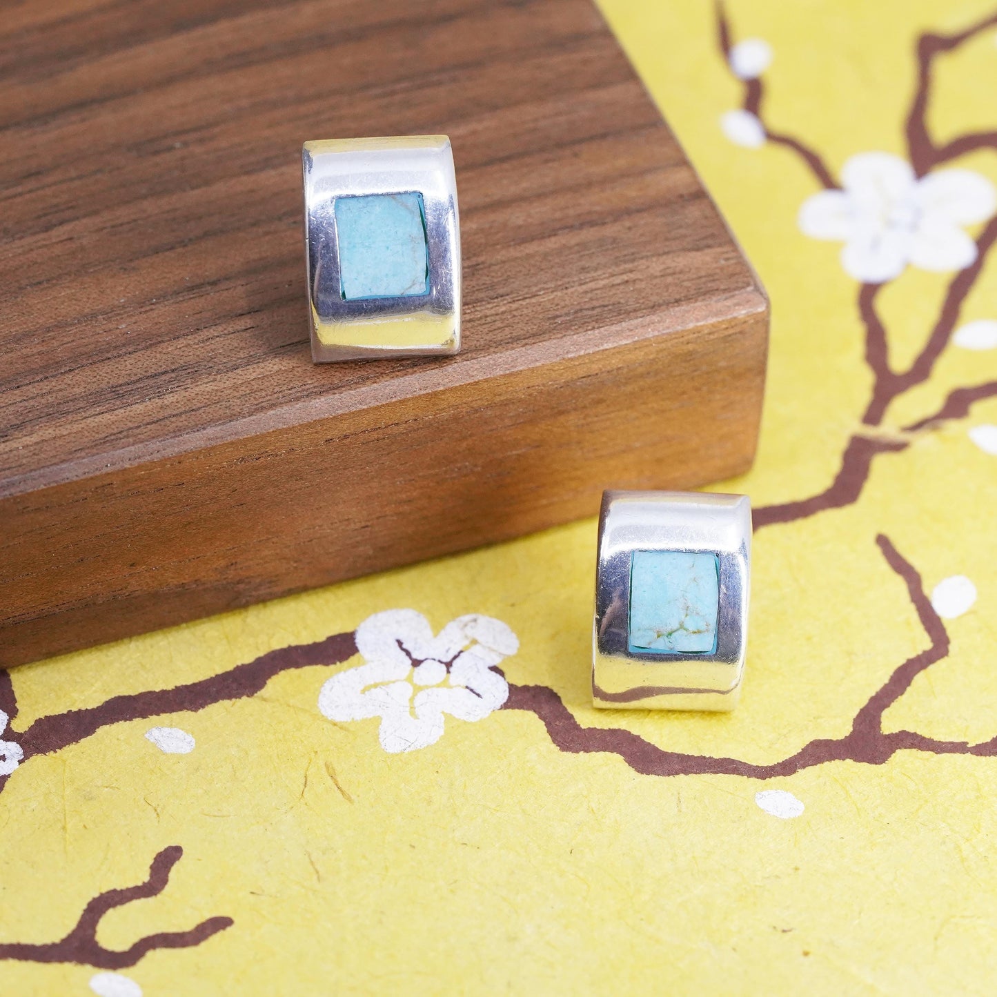 Vintage Mexican Sterling silver earrings, 925 rectangular studs with turquoise