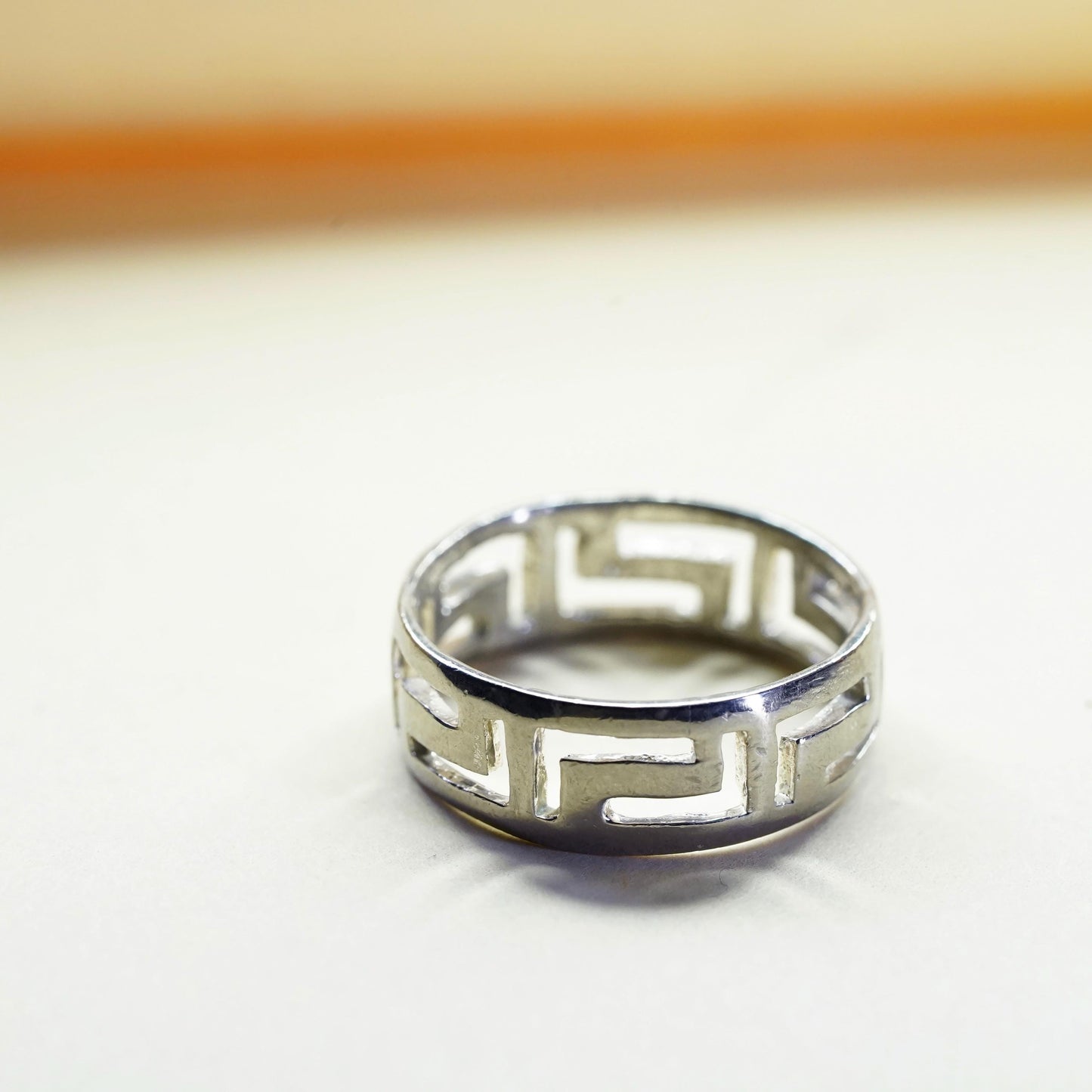 Size 8, VTG sterling silver handmade statement ring, 925 swirly Greek key band