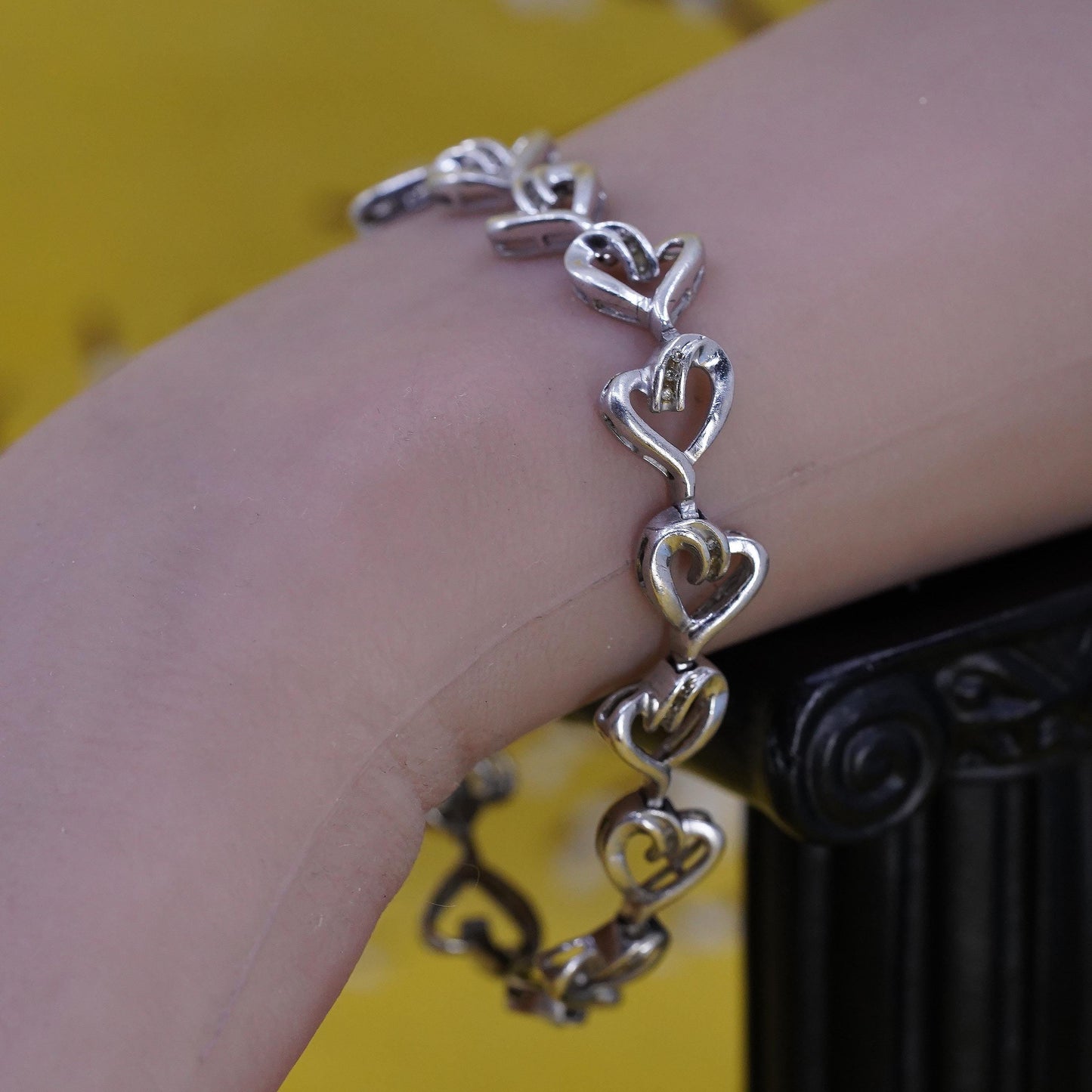7.5”, vintage Sterling silver tennis bracelet, 925 heart link chain diamonds