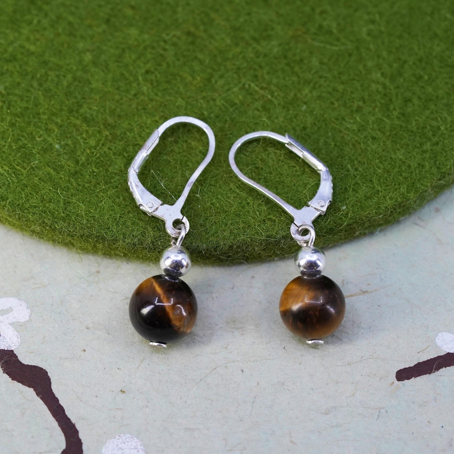 Vintage Sterling 925 silver handmade earrings with tiger eye beads