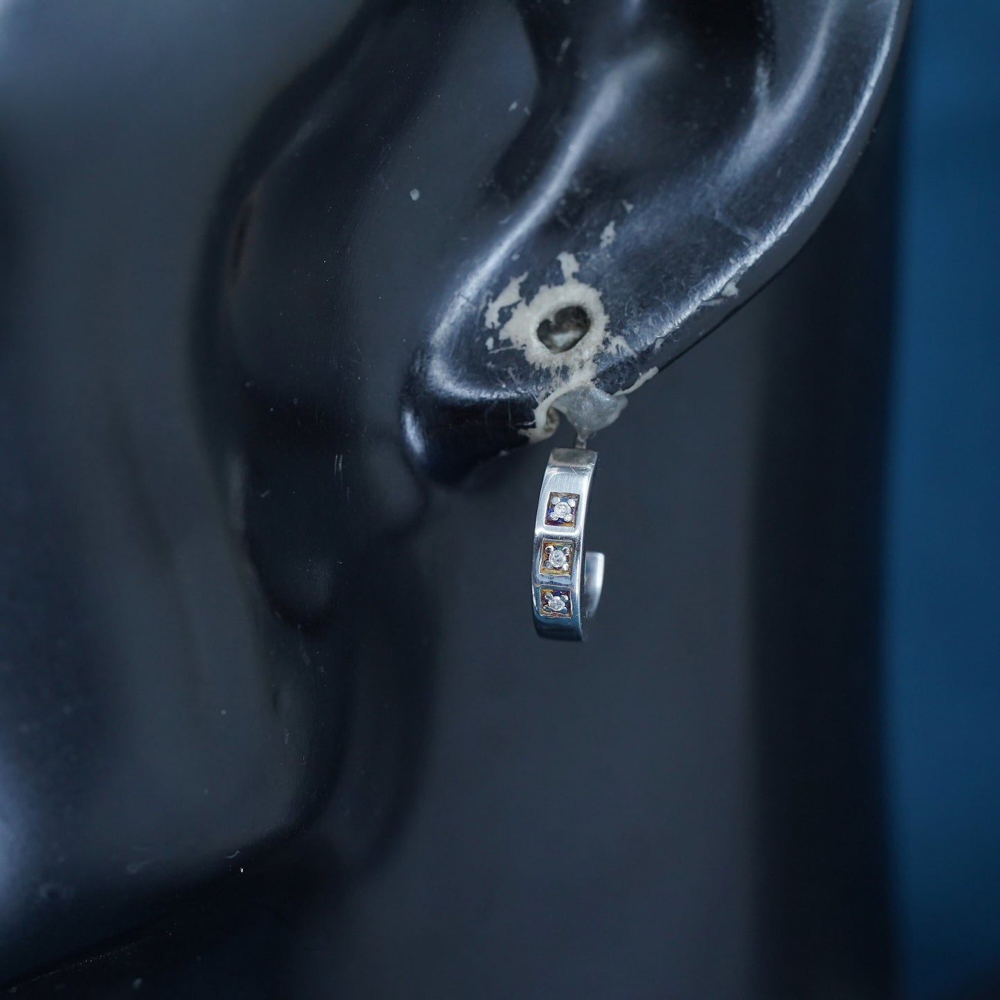 0.5”, Vintage Sterling silver earrings, 925 huggie studs with diamond inlay