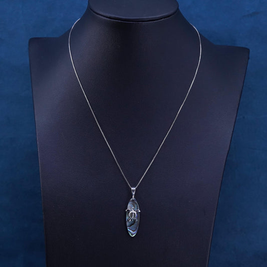 16”, vintage Sterling 925 silver circle chain necklace abalone turtle pendant