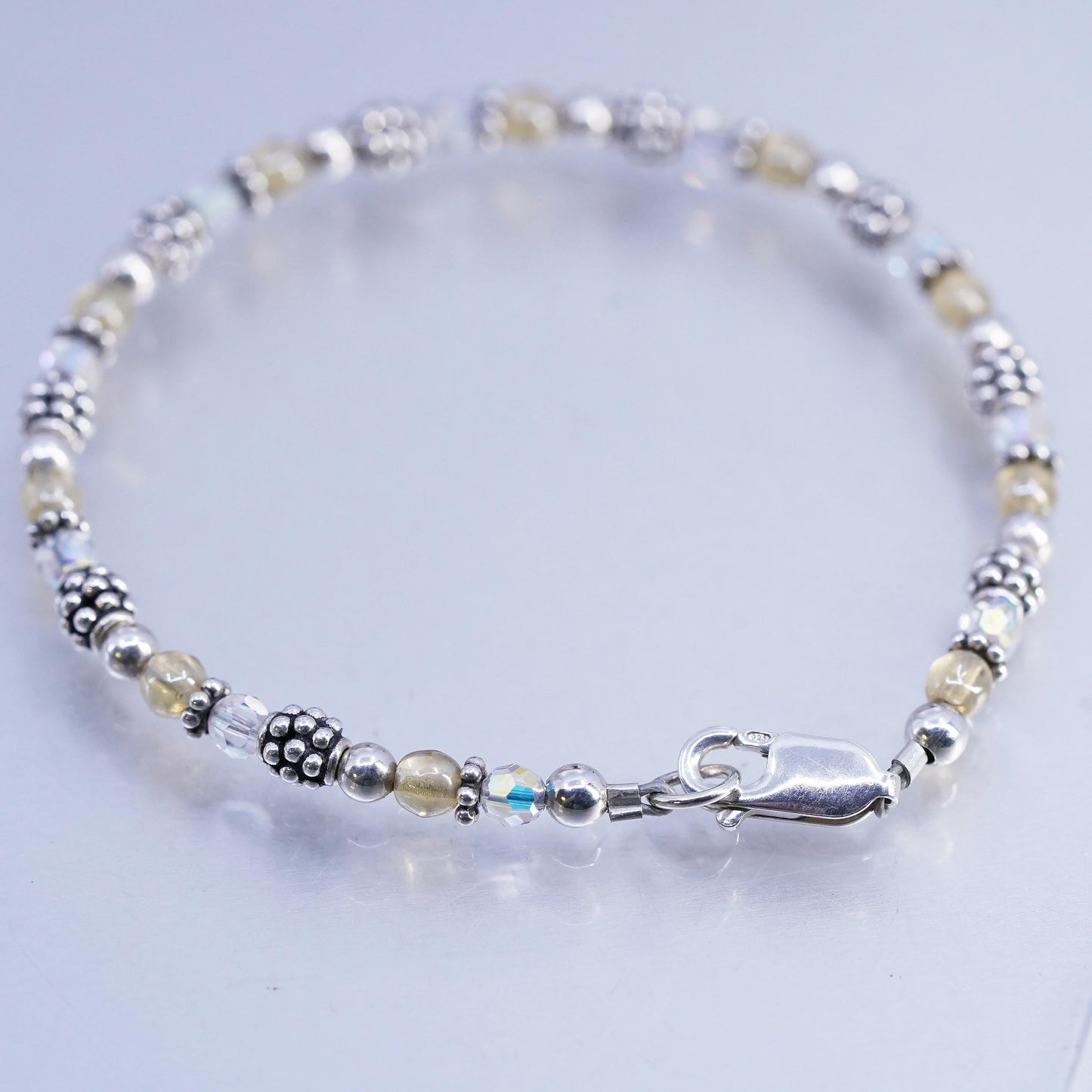 7.5", Vintae Sterling 925 Silver Handmade Bracelet, Crystal beads