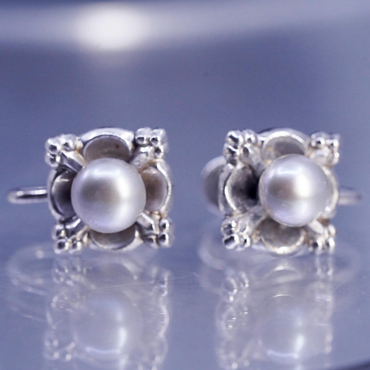 Vintage AMCO Sterling 925 Silver Handmade Screw Back Earrings With gray pearl