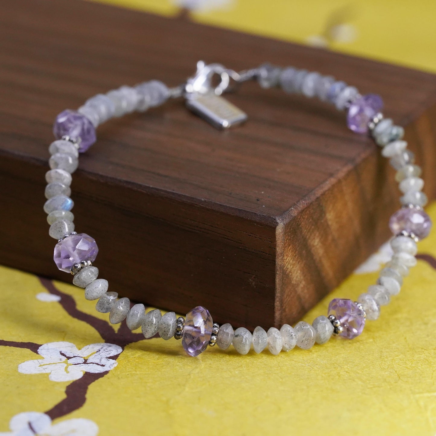 6.75", Baroni Sterling silver bracelet, moonstone amethyst beads chain