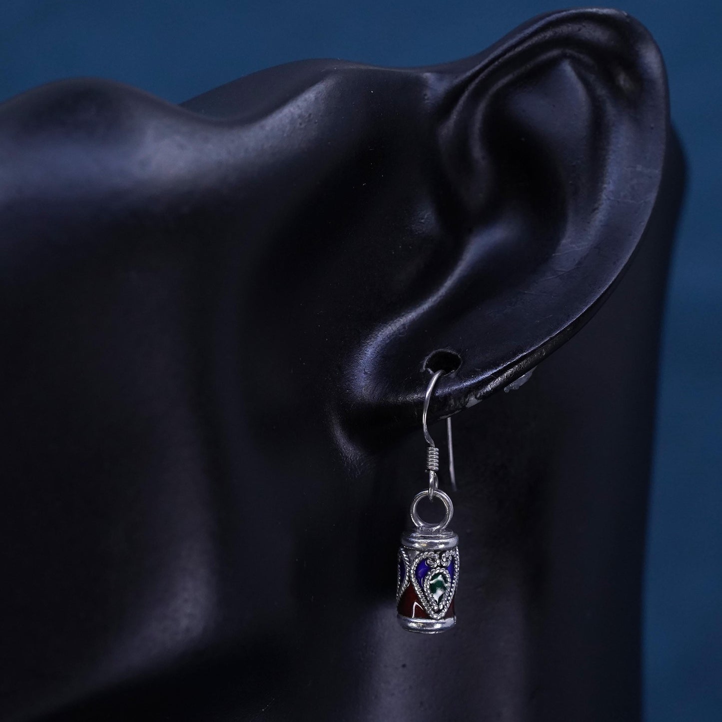 Vintage sterling silver handmade earrings, 925 tube with enamel