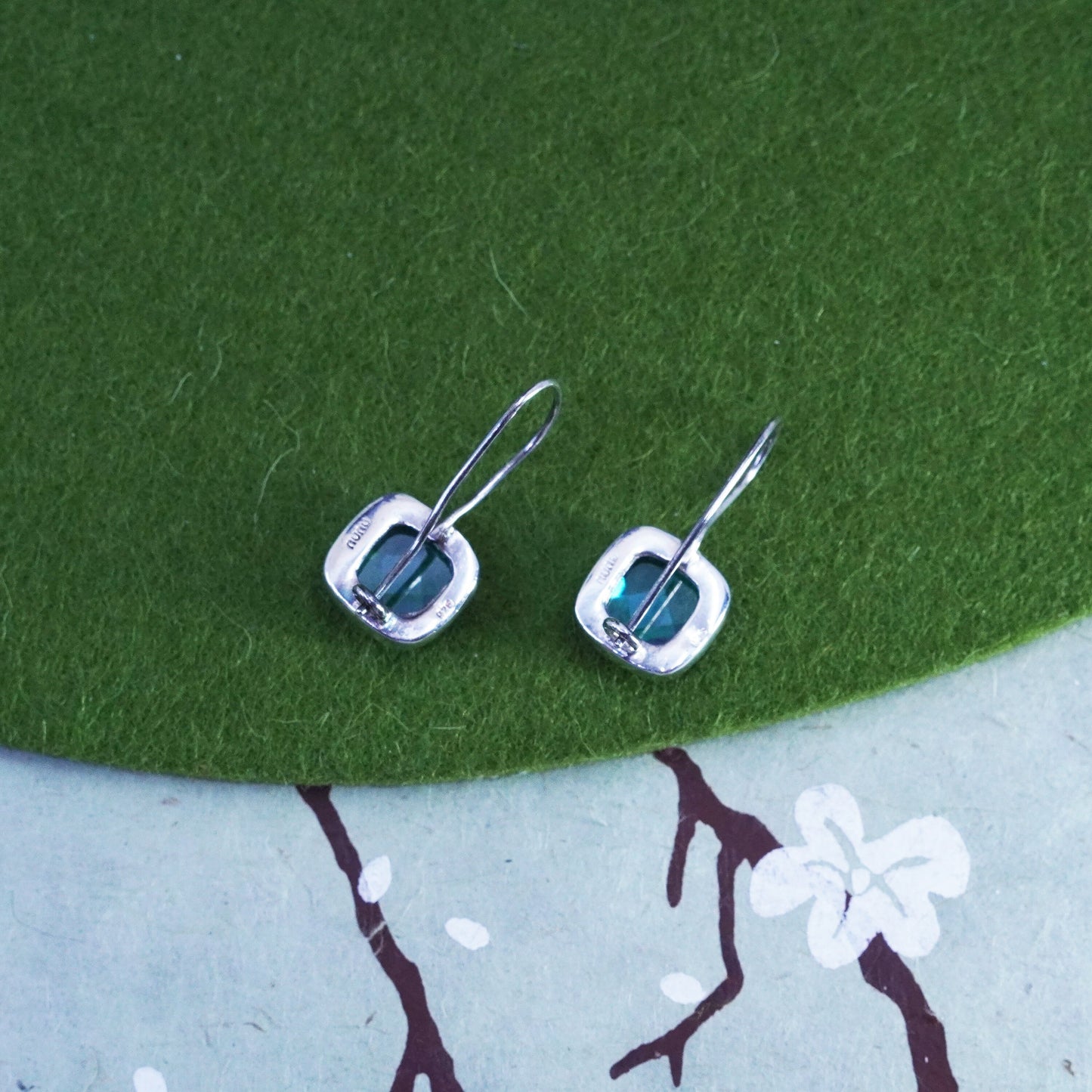 Vintage sterling silver 925 handmade earrings with checker cut blue topaz