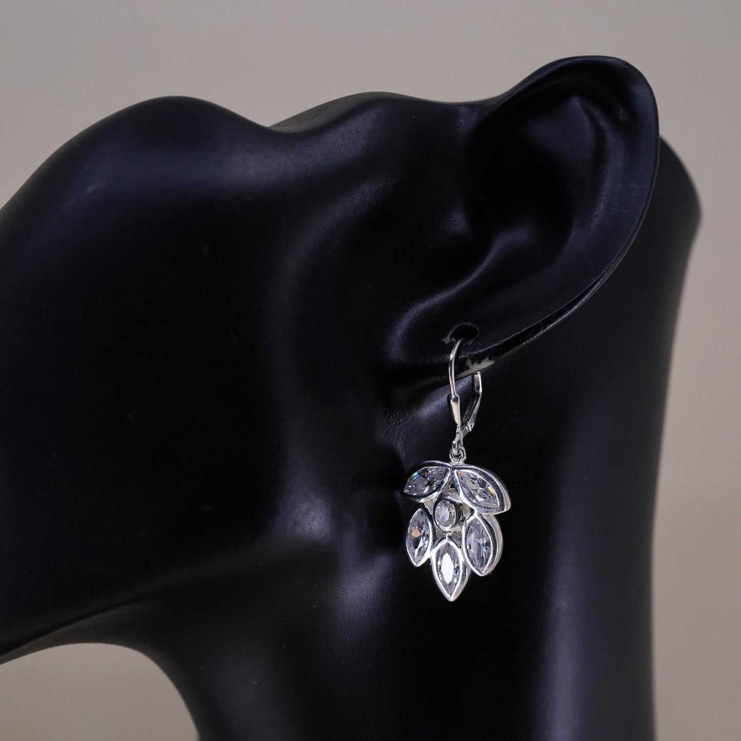 Vintage Sterling 925 Silver Cubic Zirconia leaves Earrings