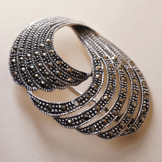 Vintage sterling silver handmade brooch, 925 heart wing with marcasite details