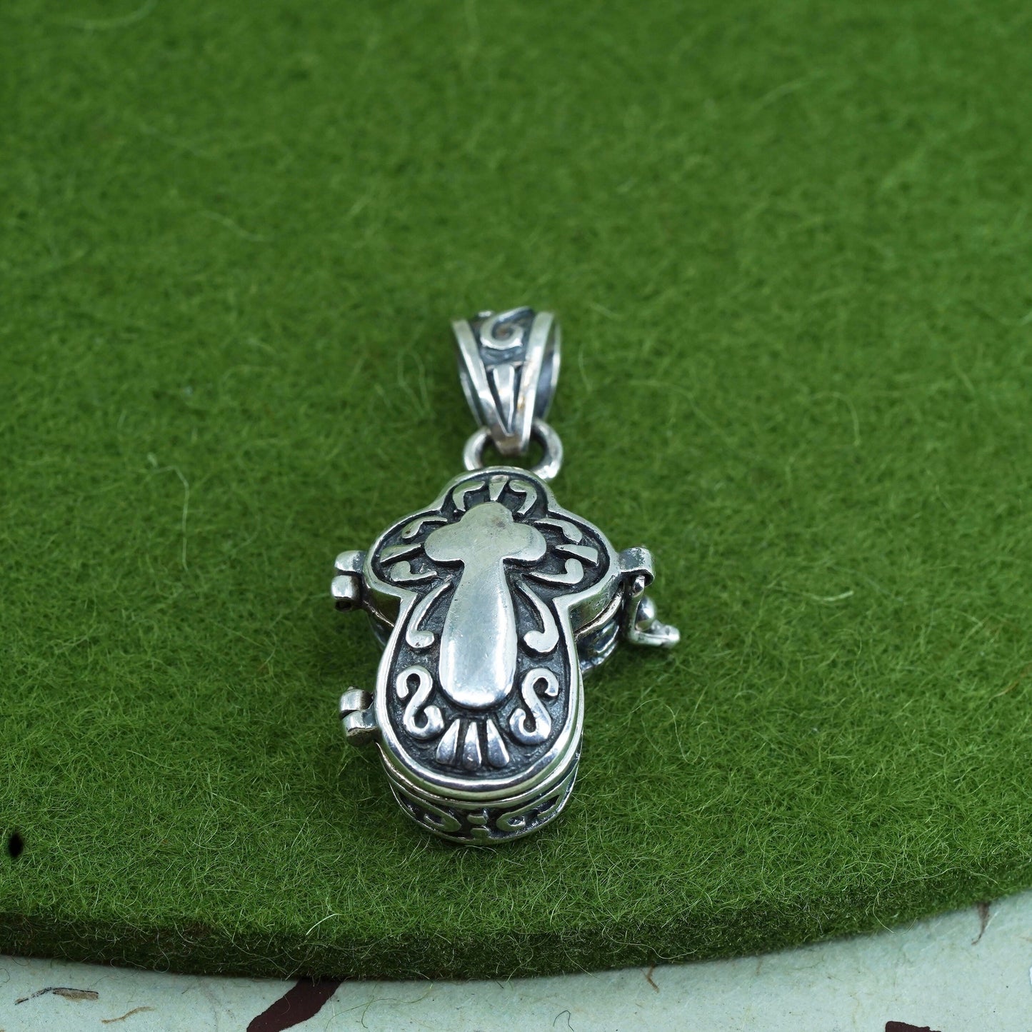 Vintage Sterling silver handmade prayer box pendant, 925 crosslocket charm