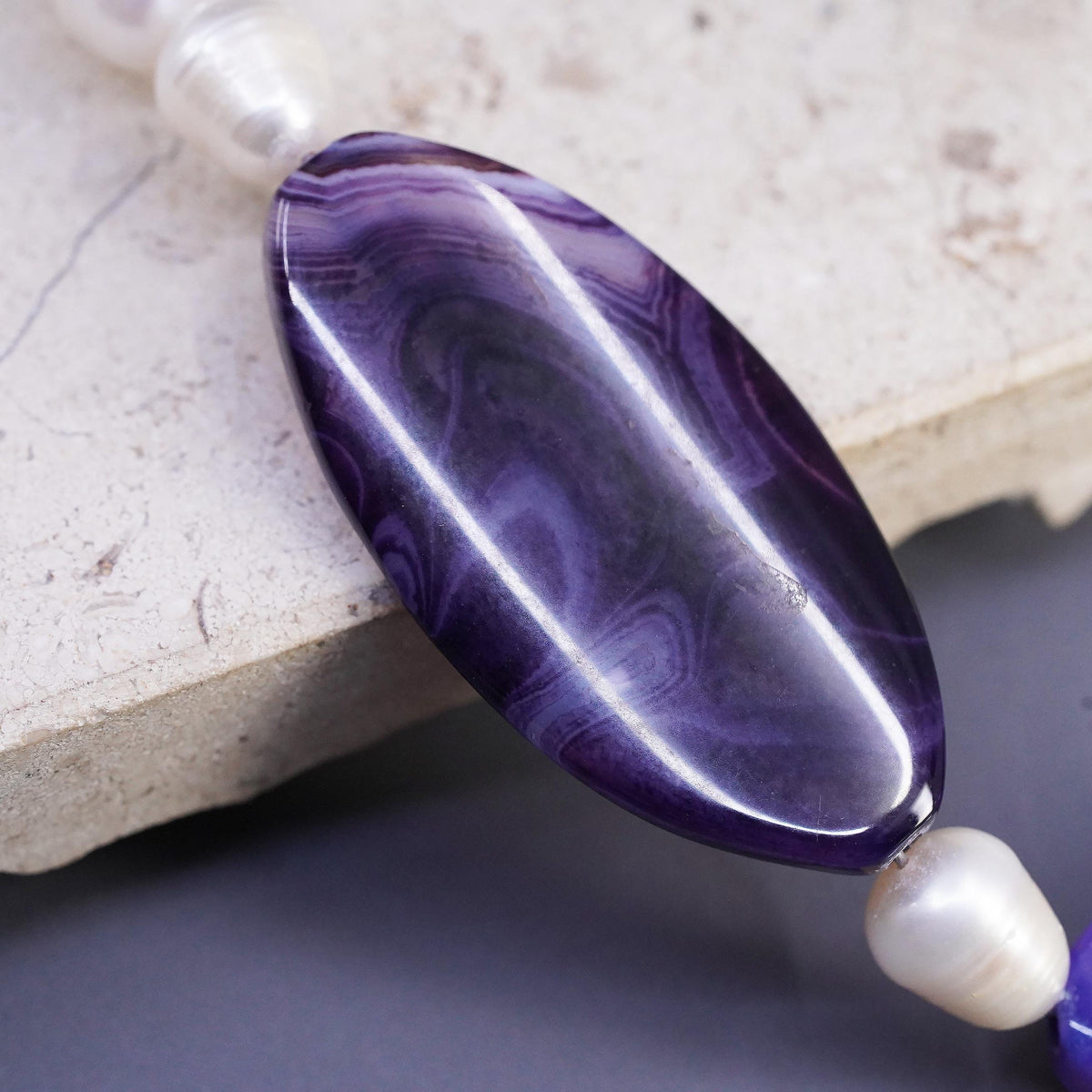 18+2", vintage Sterling 925 silver necklace 9mm freshwater pearls purple agate