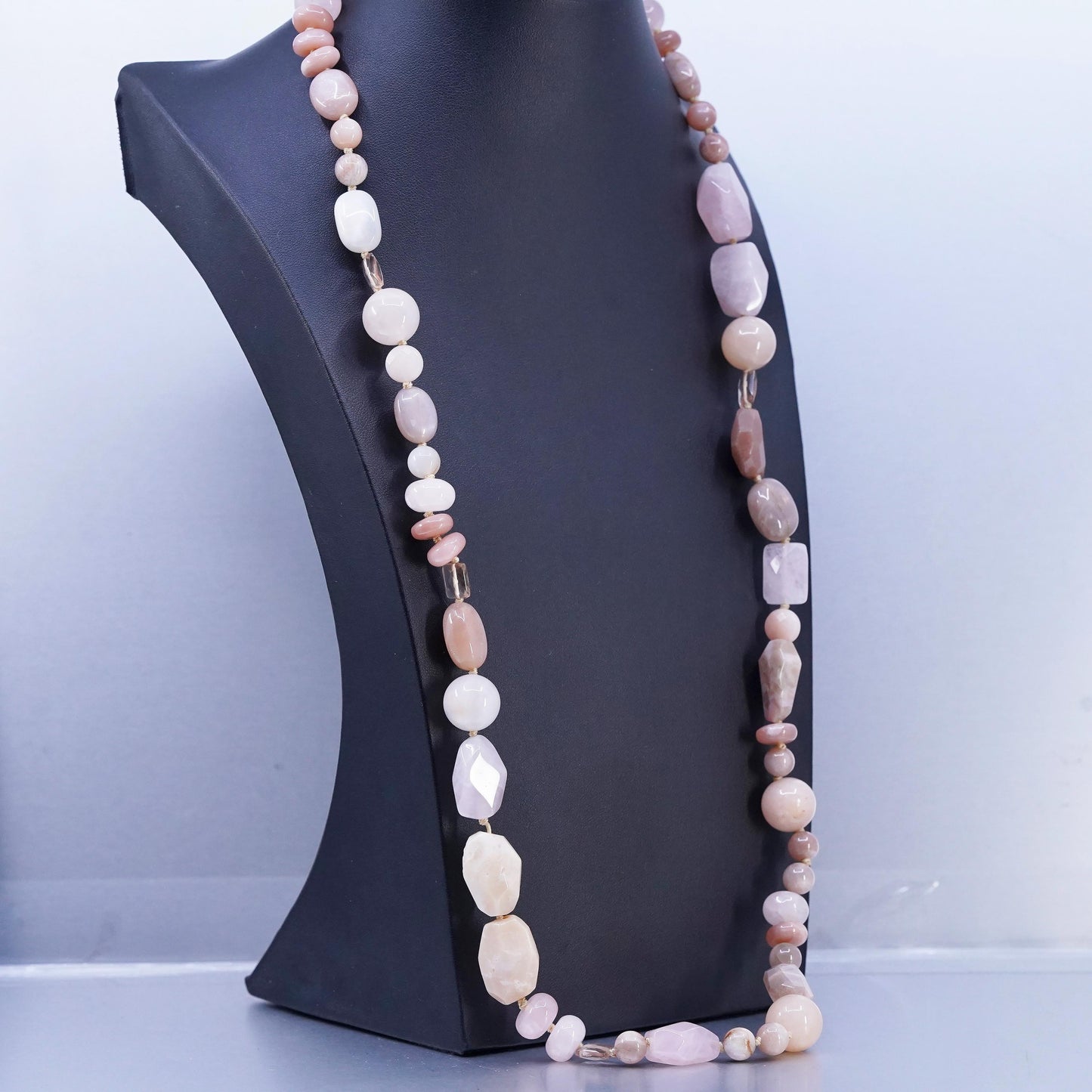 30", Pink Rose Quartz agate Beads necklace gold plated sterling 925 silver