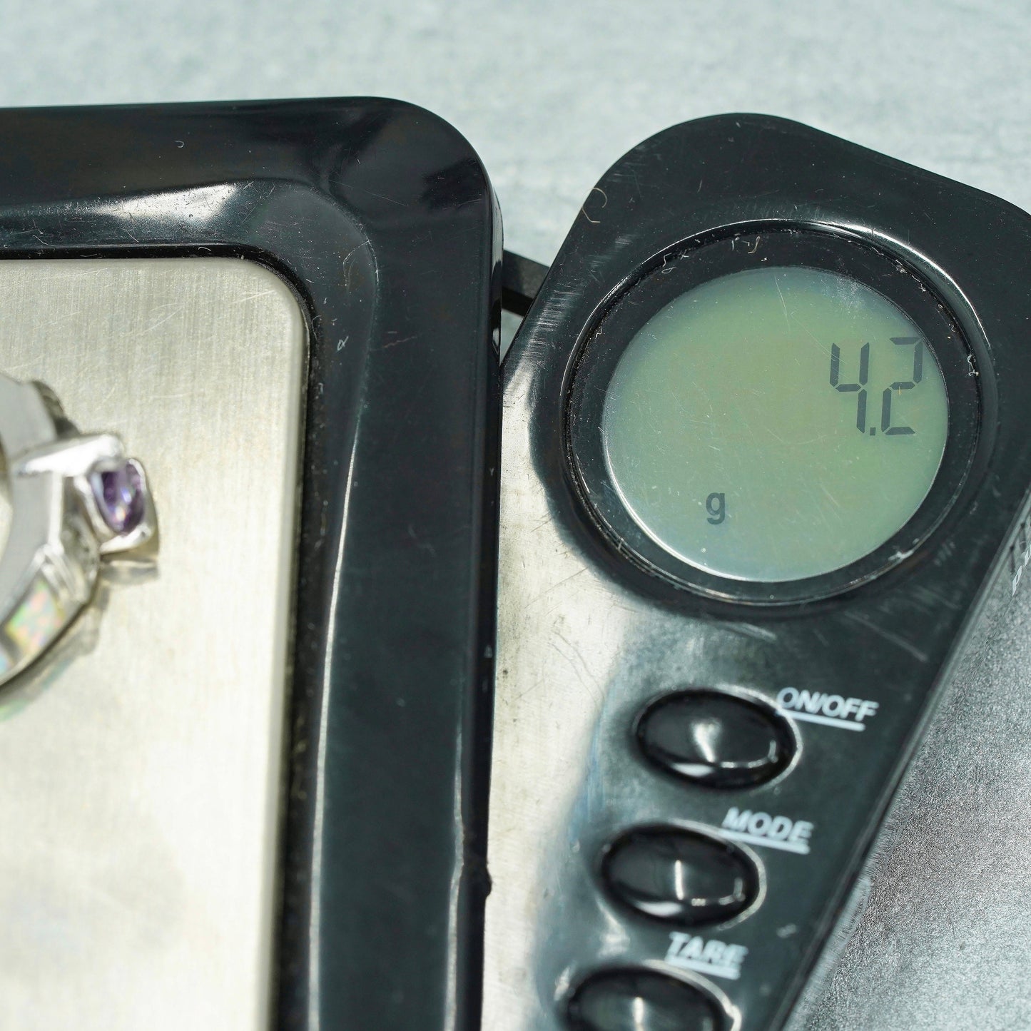 Size 6, vintage Sterling 925 silver handmade ring with amethyst and opal inlay