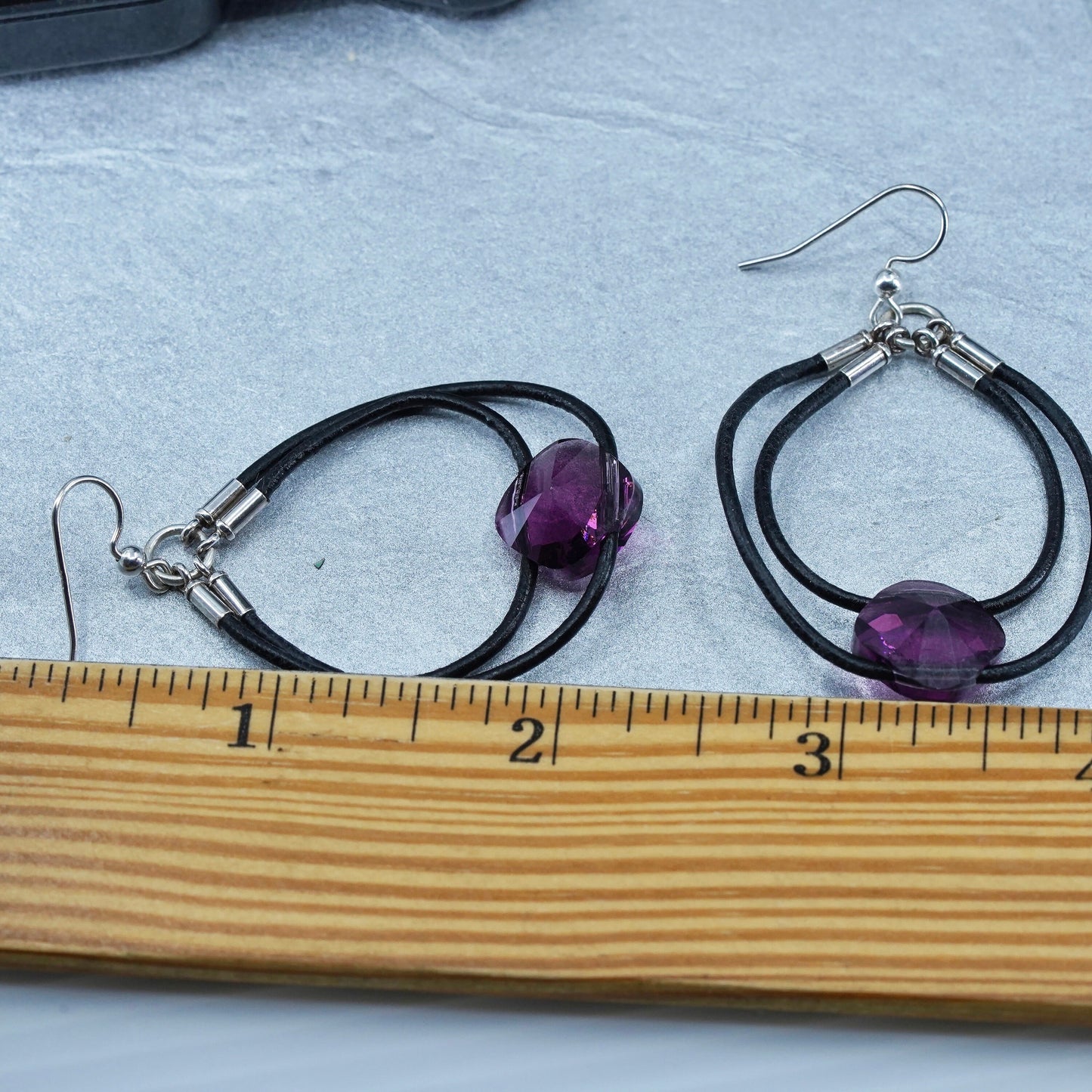 1.75”, vintage Sterling silver handmade earrings, 925 hooks with black leather amethyst