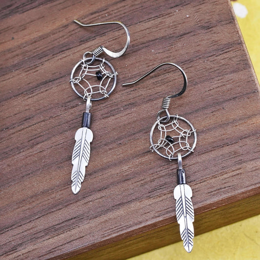 Vintage Sterling 925 silver handmade net earrings with onyx and feather