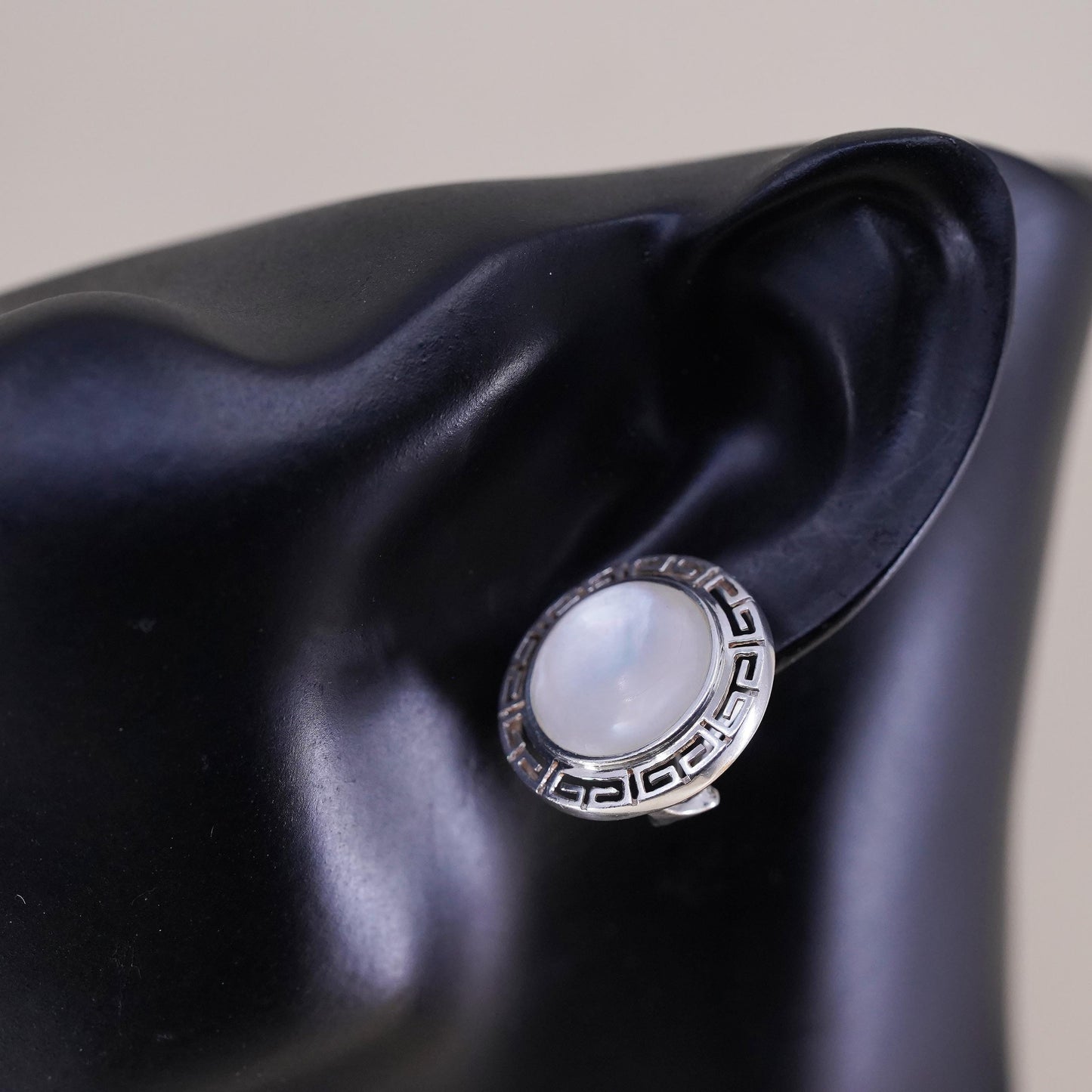 Vintage Sterling silver earrings, 925 Greek key studs w/ round mother of pearl