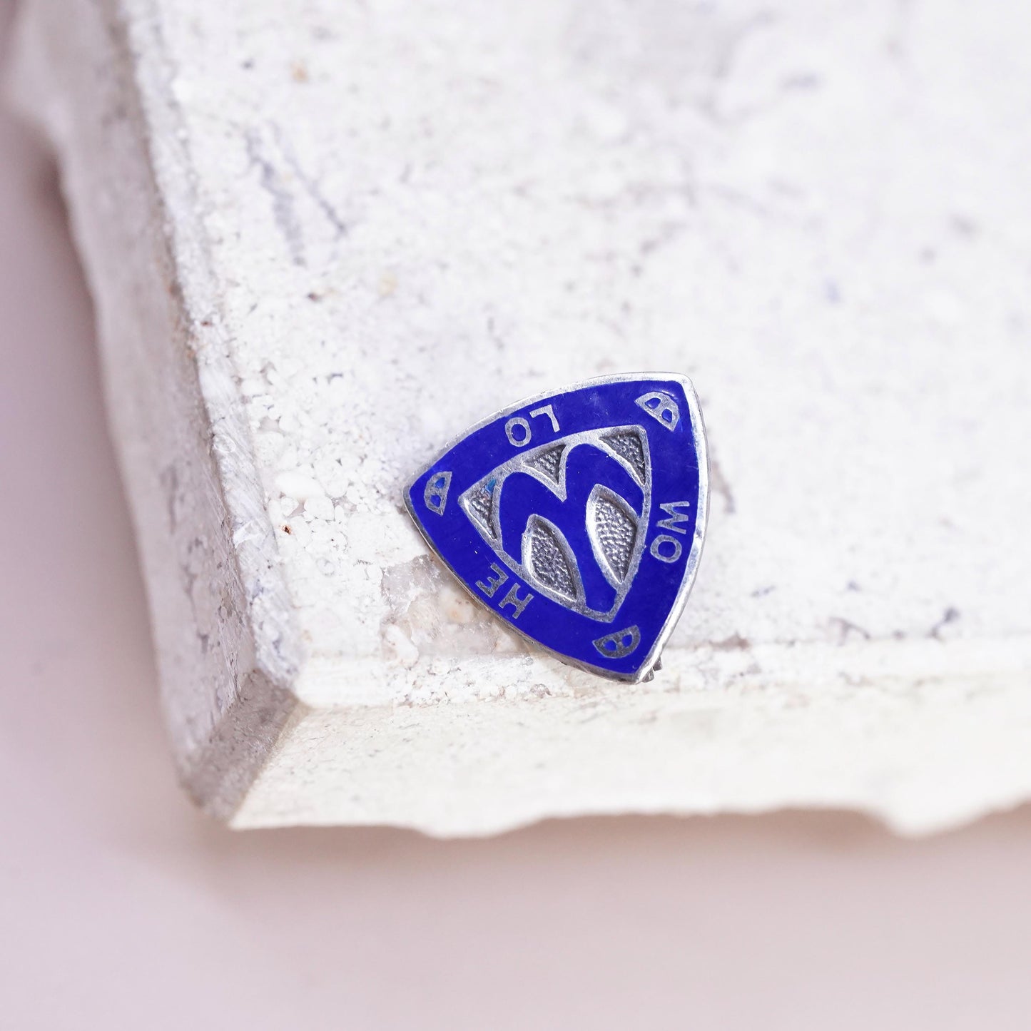 Sterling 925 silver Camp Fire Girls Pin Badge WO HE LO Dk Blue Enamel Triangle