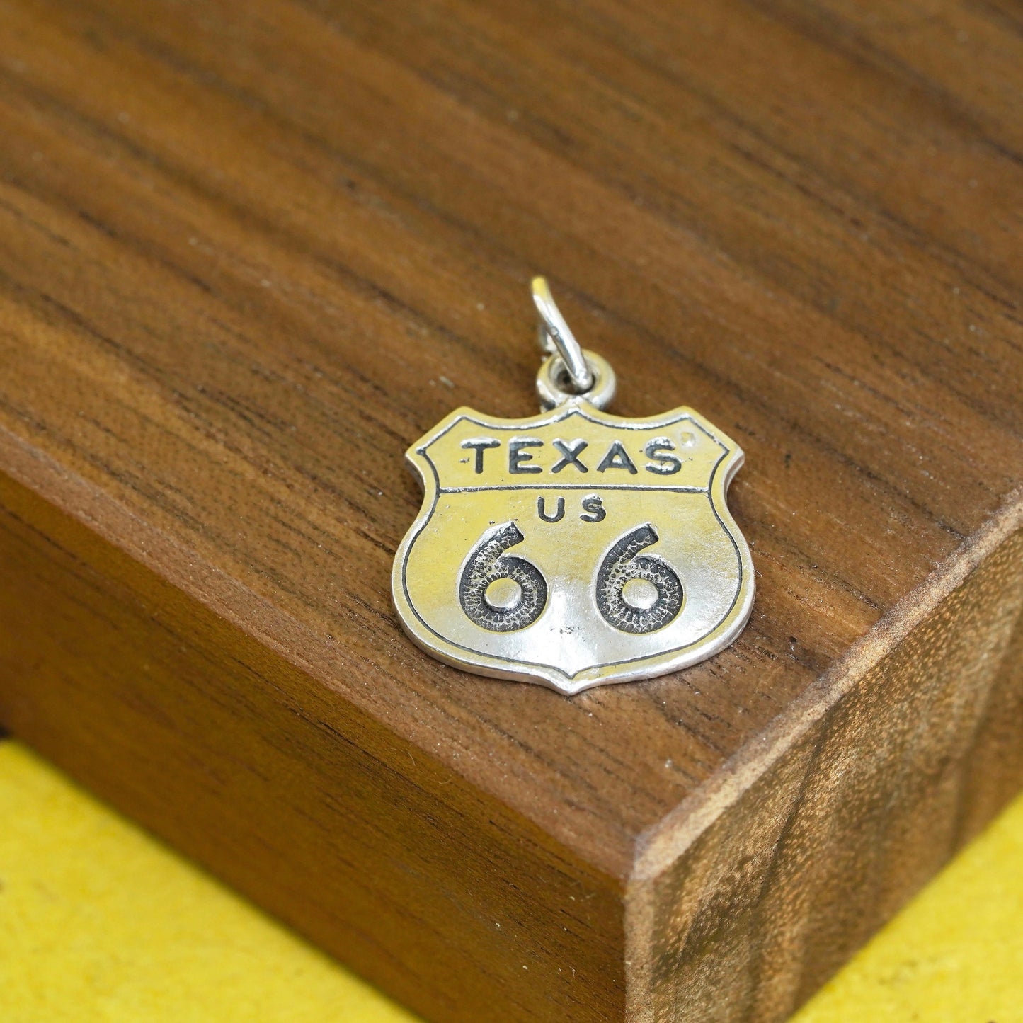 Vintage Sterling silver handmade charm, 925 silver pendant Route 66 state tag
