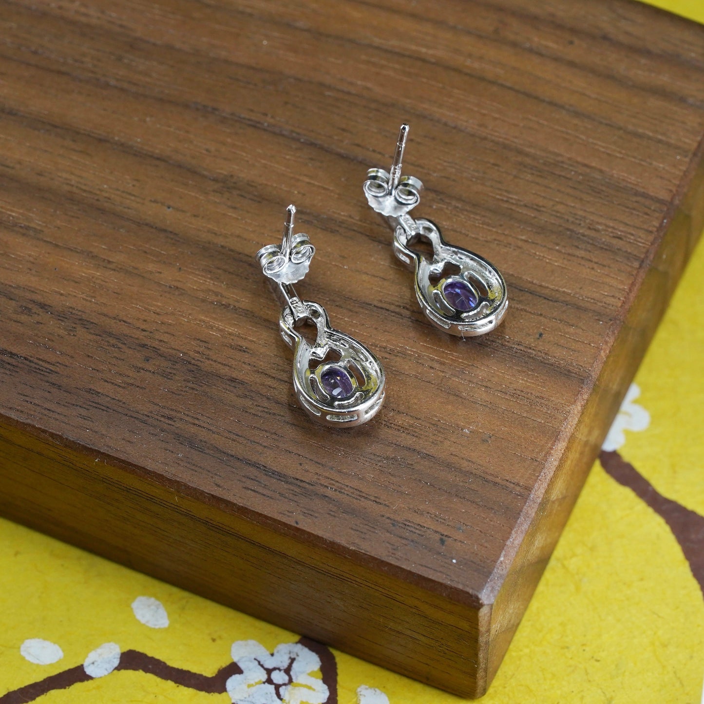 Vintage Sterling 925 silver teardrop earrings with amethyst and diamond
