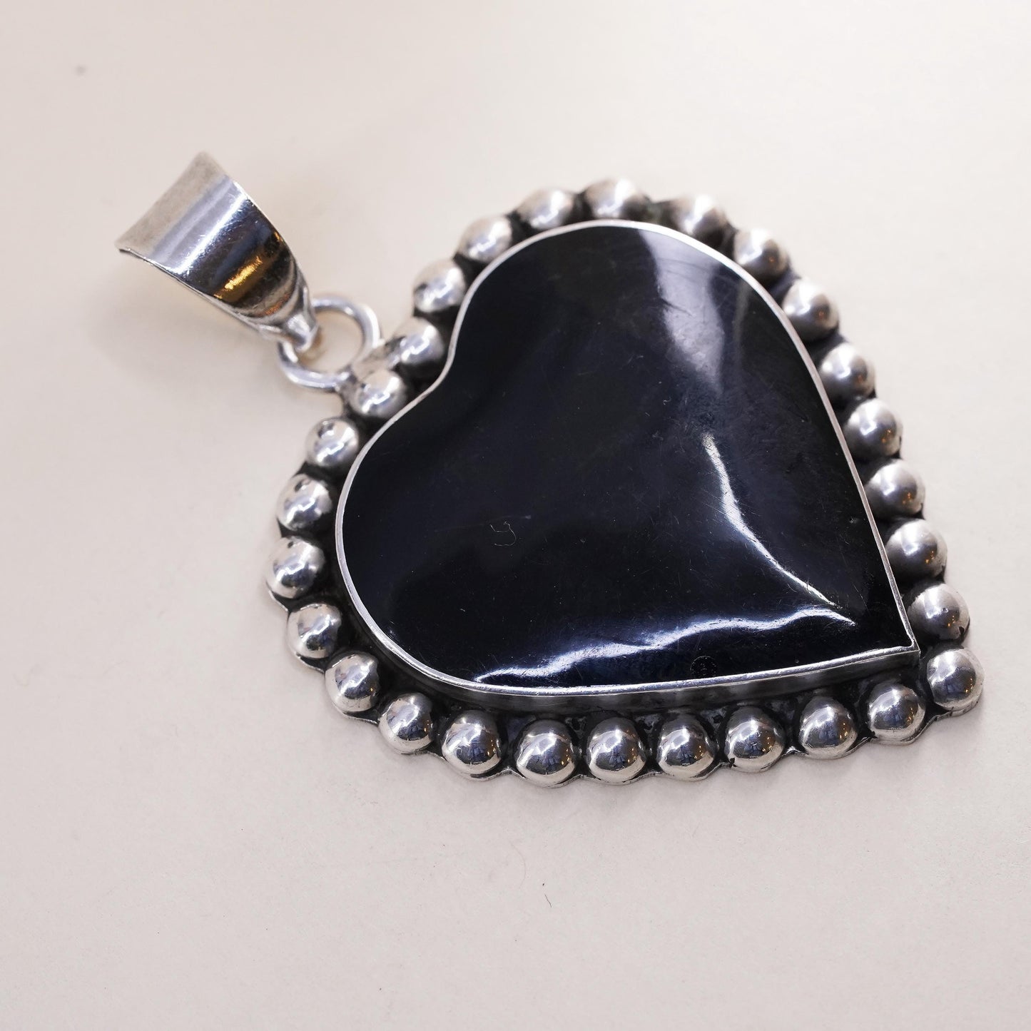Vintage Mexico Sterling 925 silver handmade huge pendant with heart onyx beads