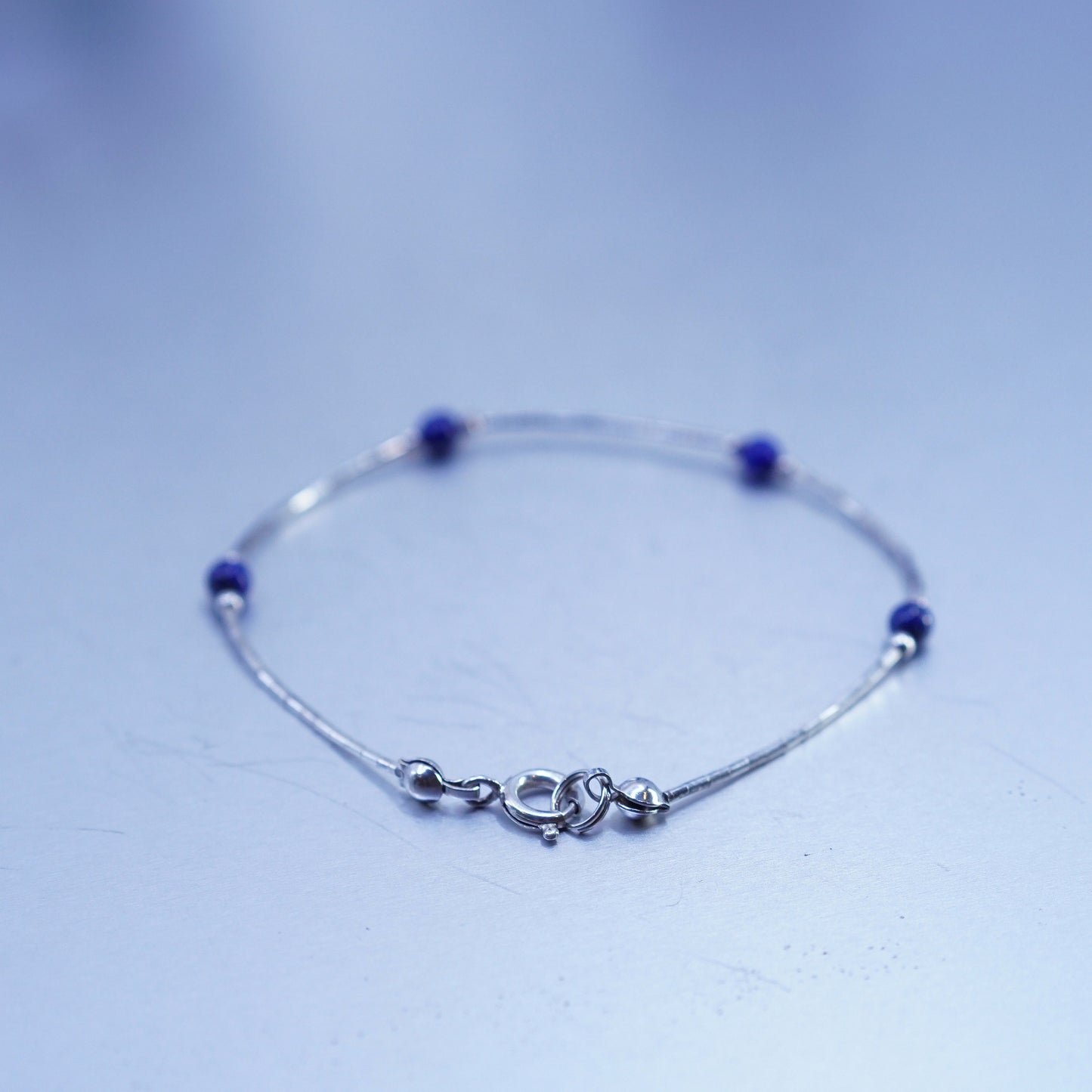 7”, Sterling 925 silver handmade bracelet, liquid chain lapis lazuli beads
