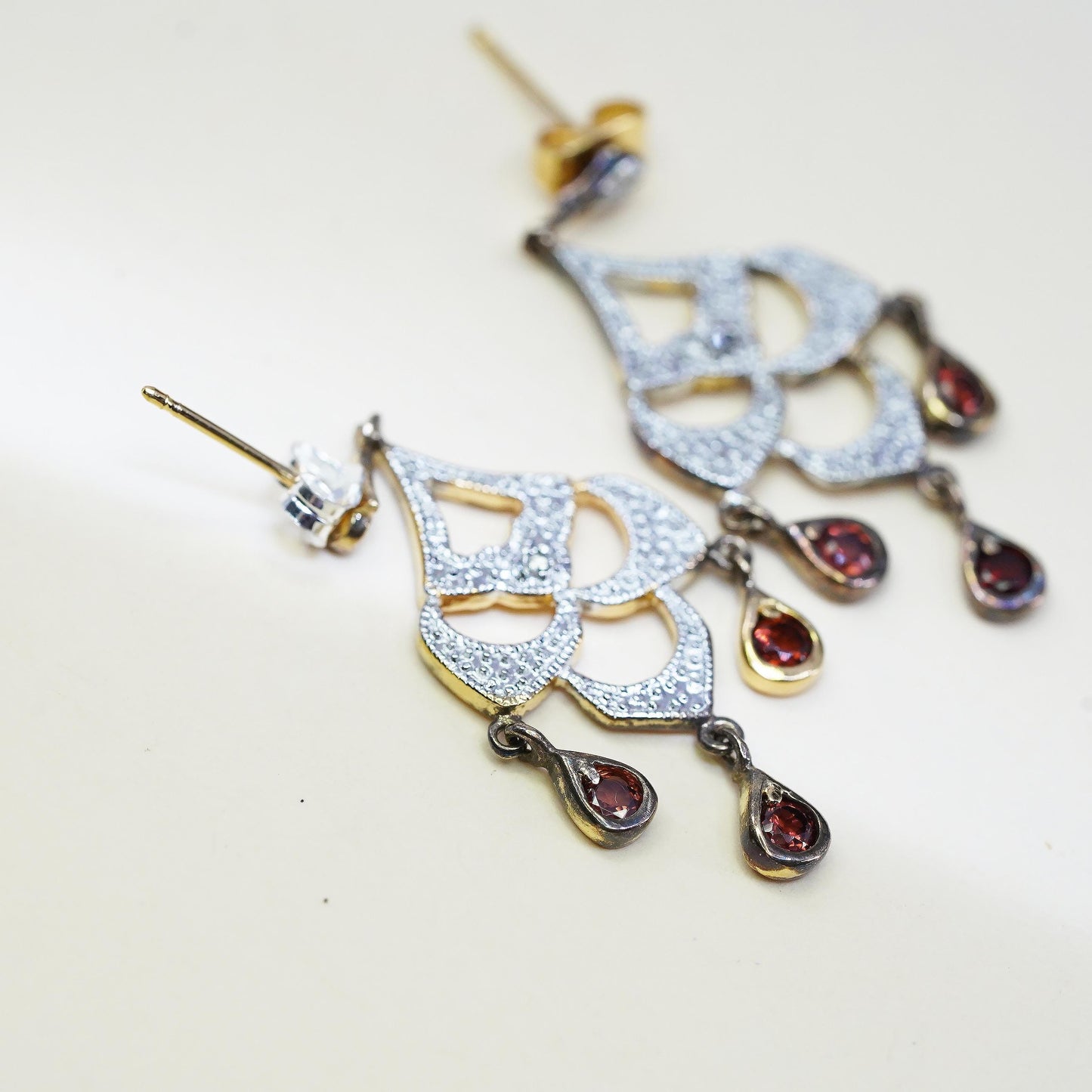 Vintage vermeil yellow gold over sterling 925 silver earrings ruby and diamonds