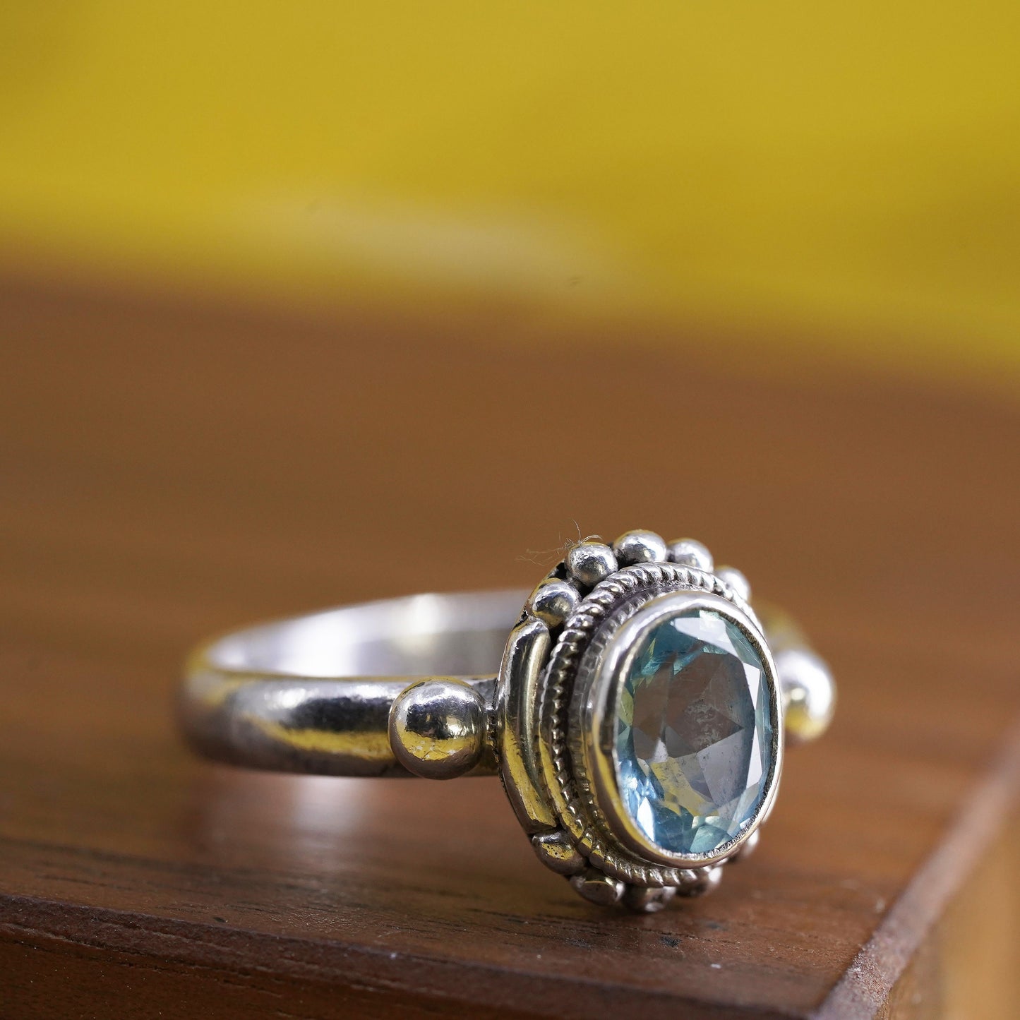 Size 7, vintage Sterling 925 silver handmade beaded ring with blue topaz
