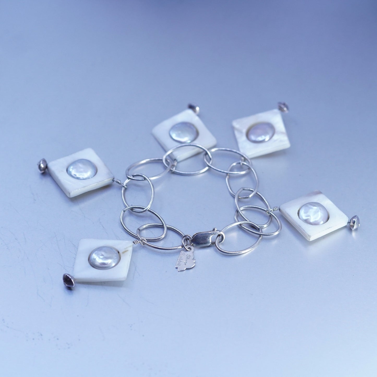 6.5”, Sterling 925 silver handmade bracelet, oval link chain coin pearl charms