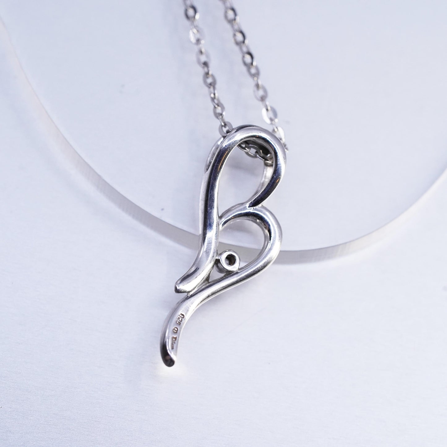18", vintage Sterling 925 silver flatten circle necklace diamond heart pendants