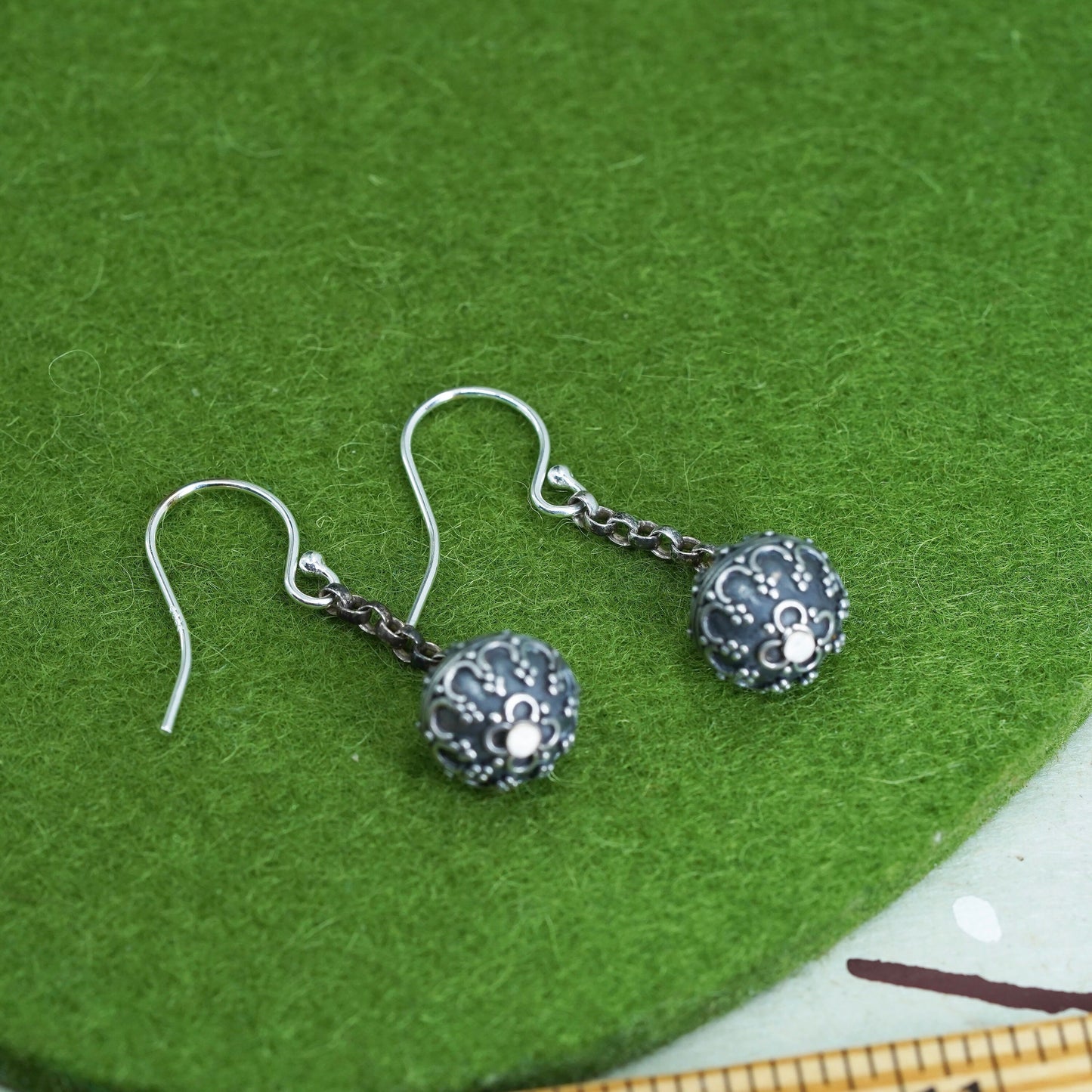 Vintage Sterling silver handmade Bali earrings, 925 swirl patterned bead