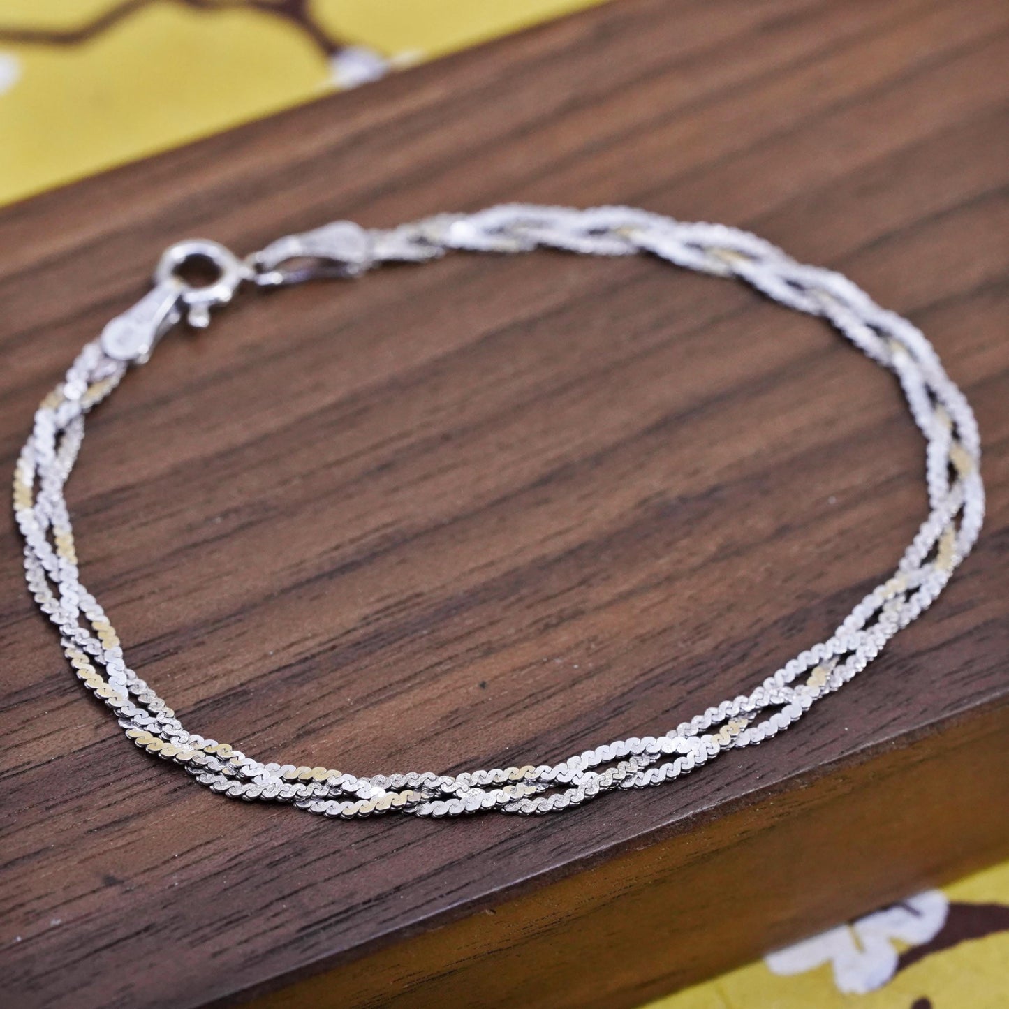 7" Mexican Sterling silver braided woven s link bracelet, 3 strands 925 chain