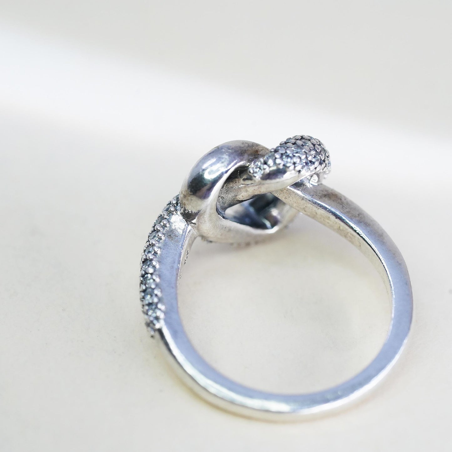 Size 4.25, VTG ALE Pandora Sterling 925 silver ring cluster cz knotted heart