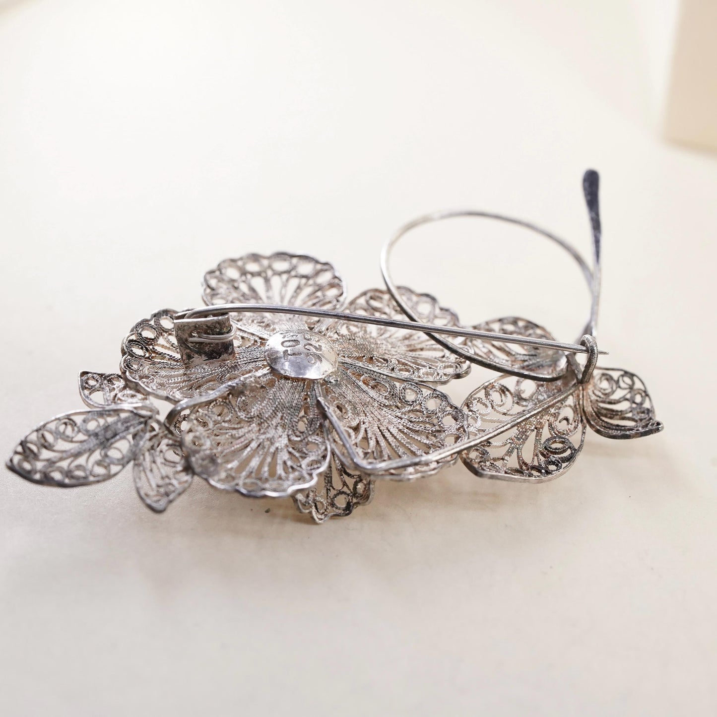 Vintage TOM Sterling silver handmade brooch, 925 filigree flower pin