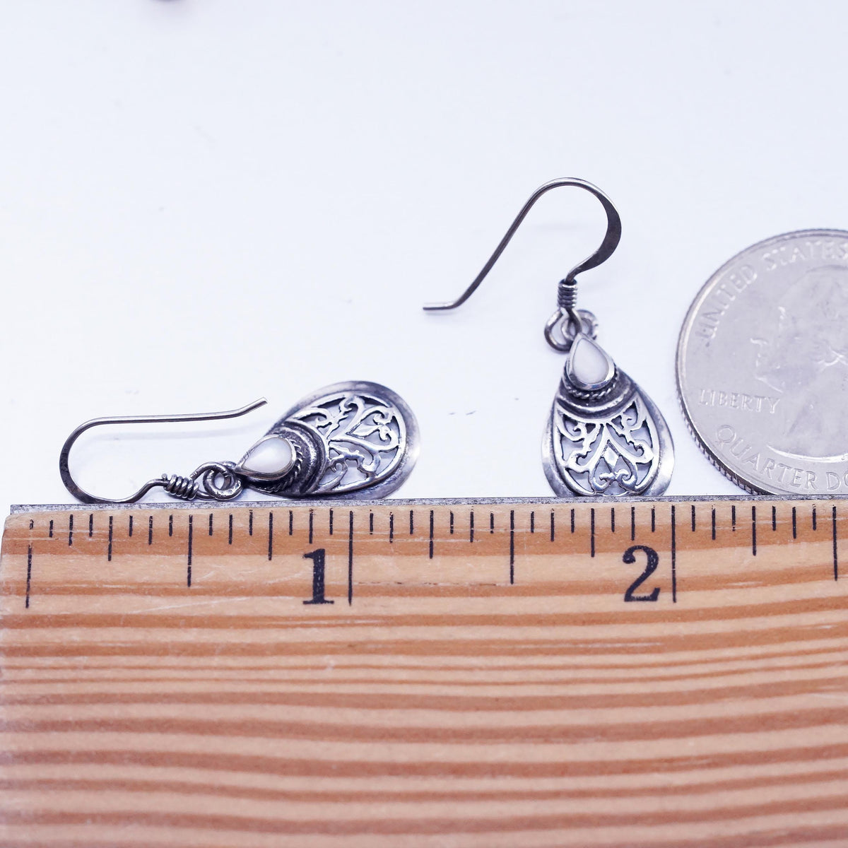 Vintage Sterling 925 Silver Filigree Teardrop Shaped Earrings Mother of Pearl