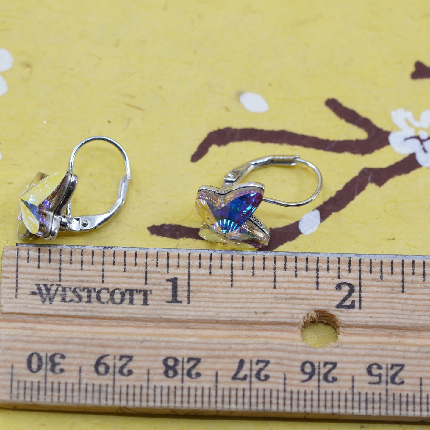 Vintage Sterling silver handmade earrings, 925 butterfly with crystal