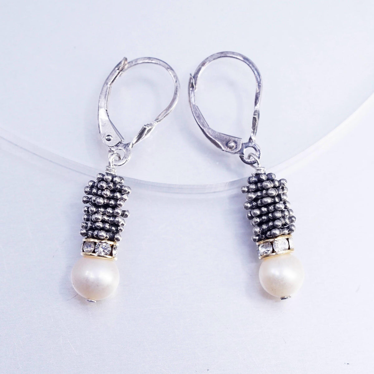 Sterling Silver 925 Pearl Drop Earrings, Rhinestone Dangles, Oxidized Leverback