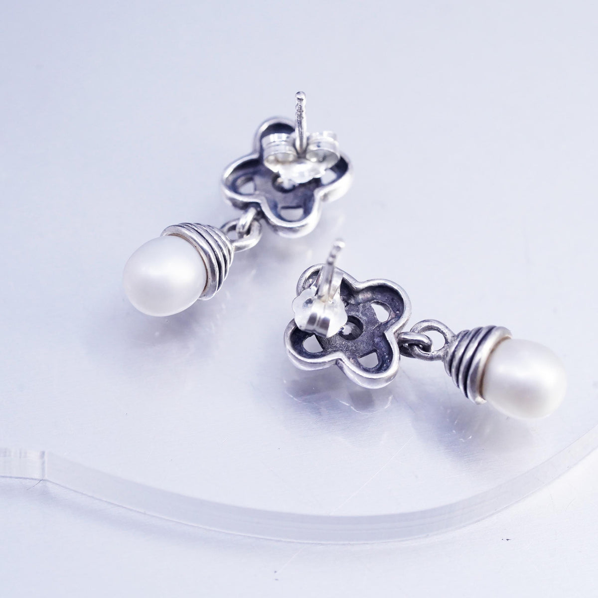 Vintage Sterling 925 silver handmade teardrop earrings with pearl and CZ