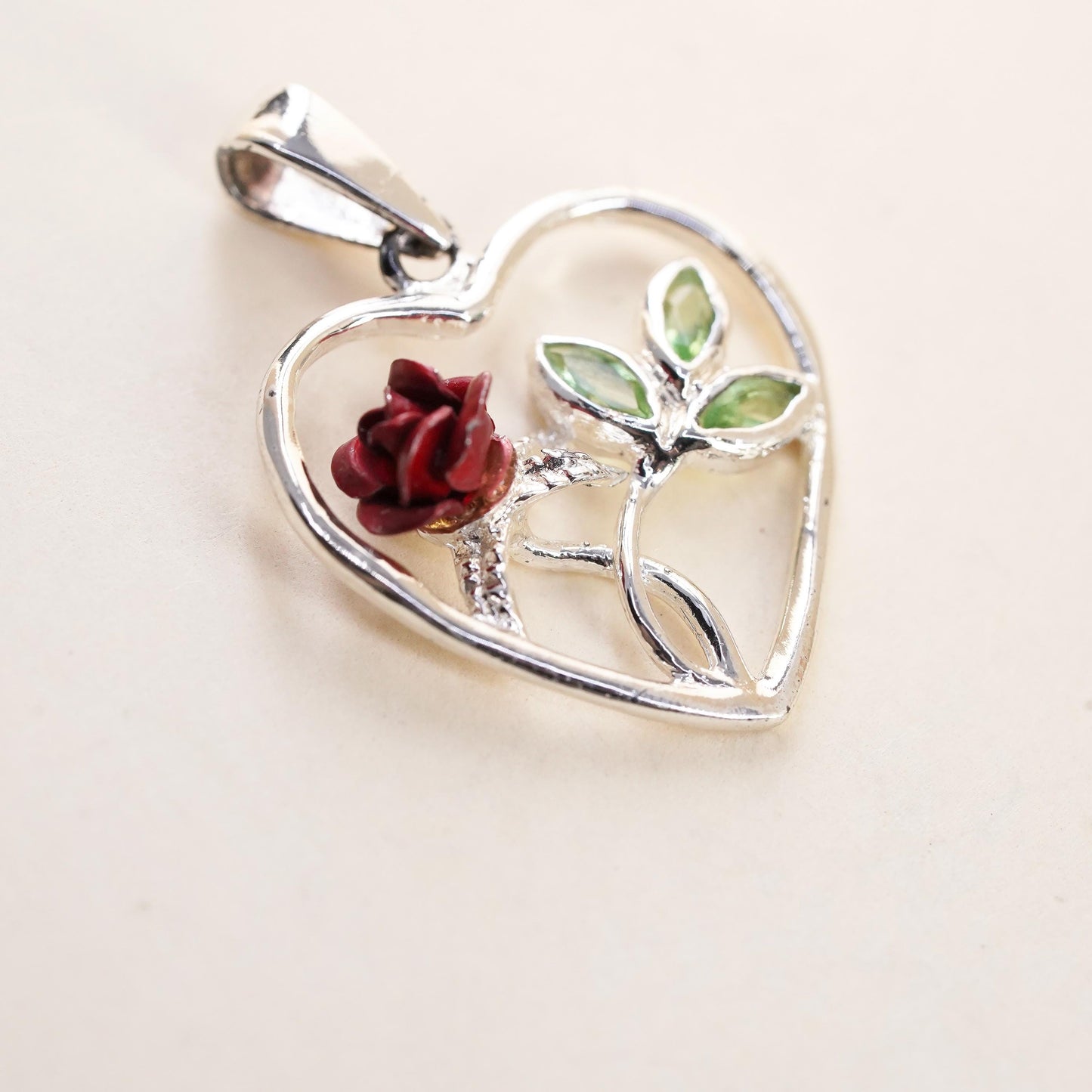 Vintage Sterling silver handmade pendant, 925 rose flower heart charm
