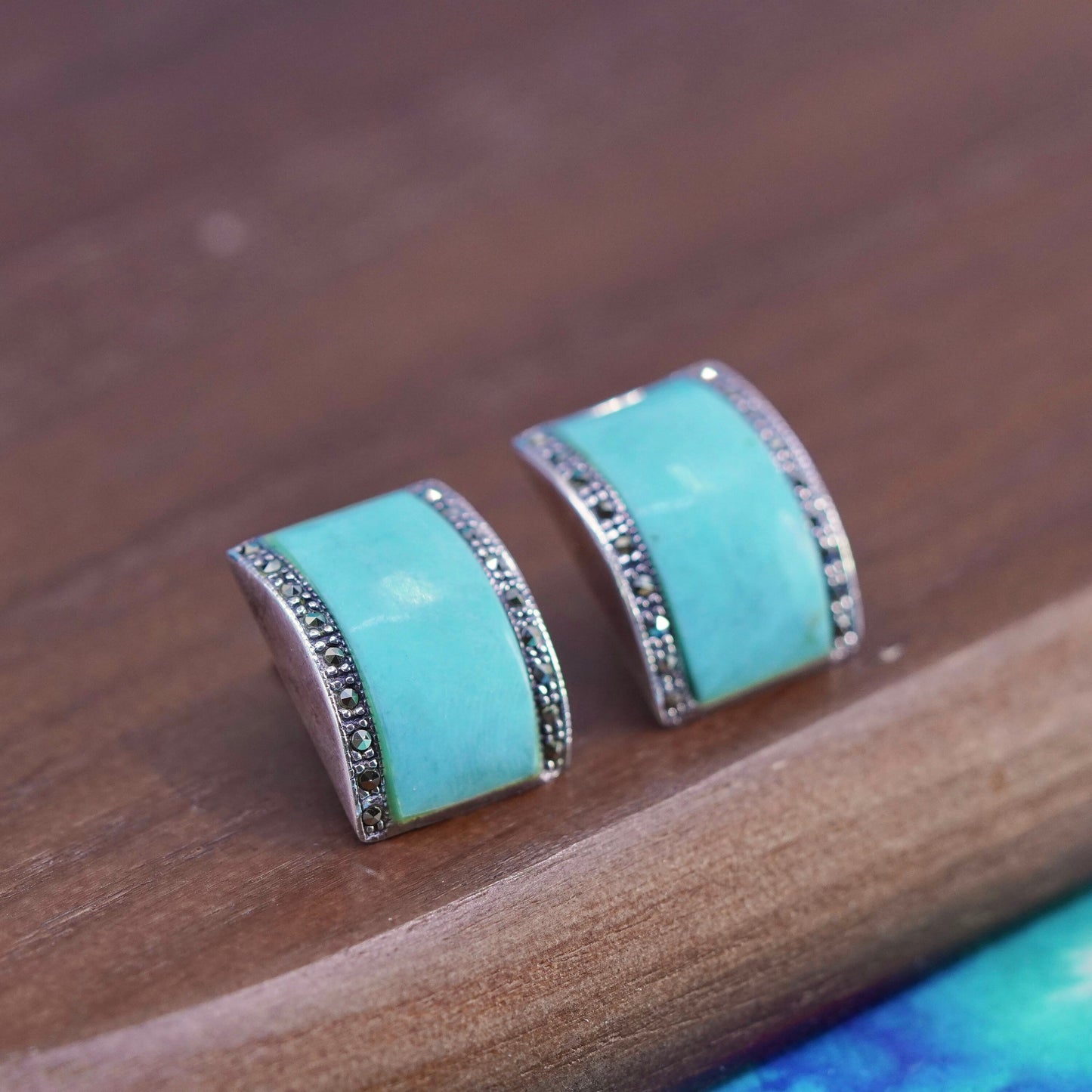 sterling silver handmade earrings, 925 studs with turquoise inlay and marcasite