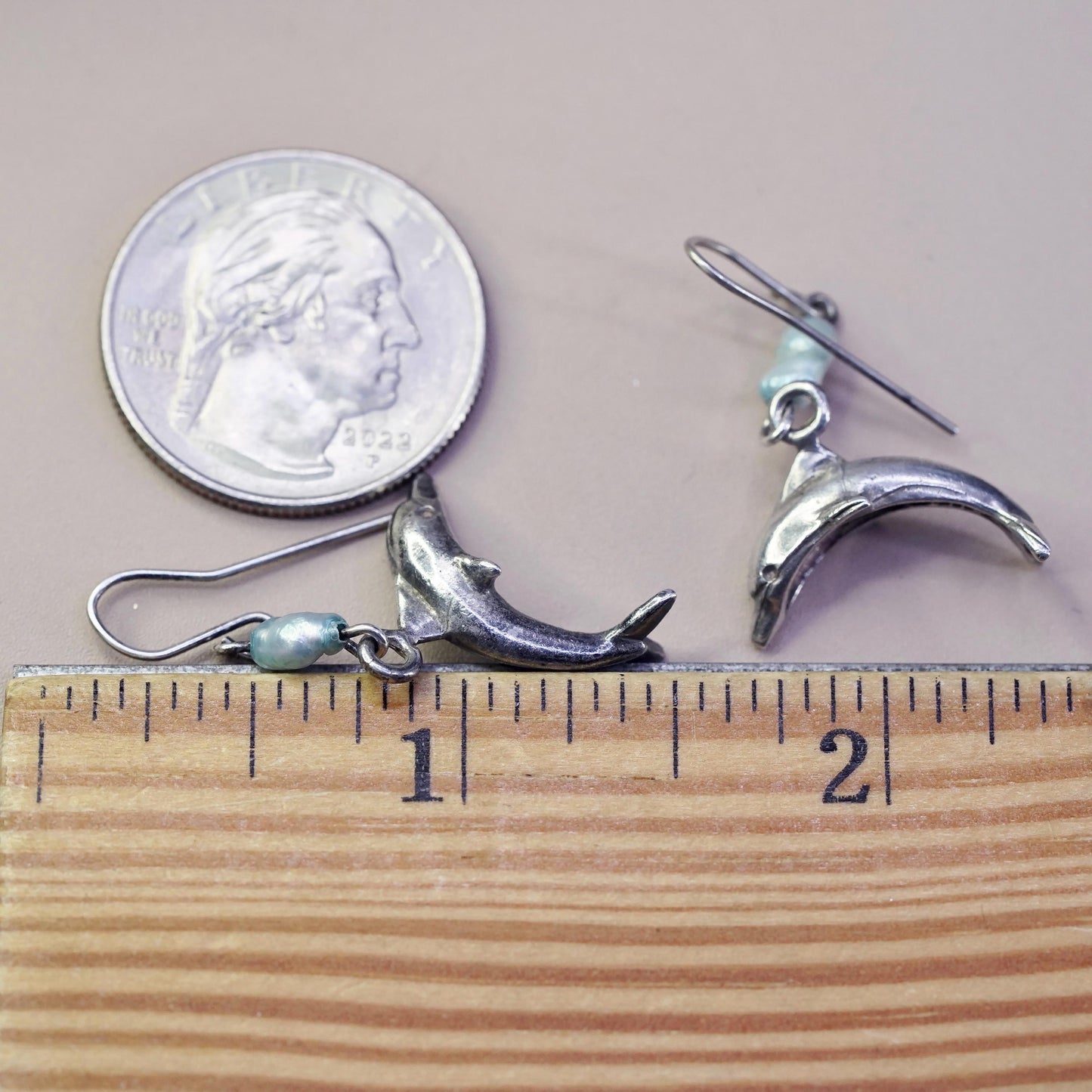 Vintage Sterling silver handmade earrings, 925 dolphin dangles blue pearl beads