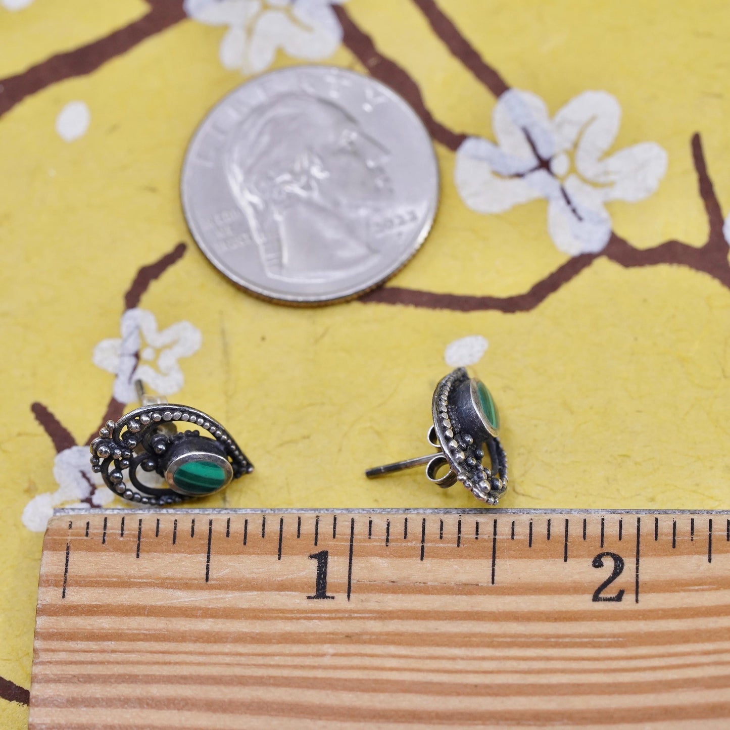 Vintage Sterling silver handmade earrings, 925 teardrop studs malachite inlay.
